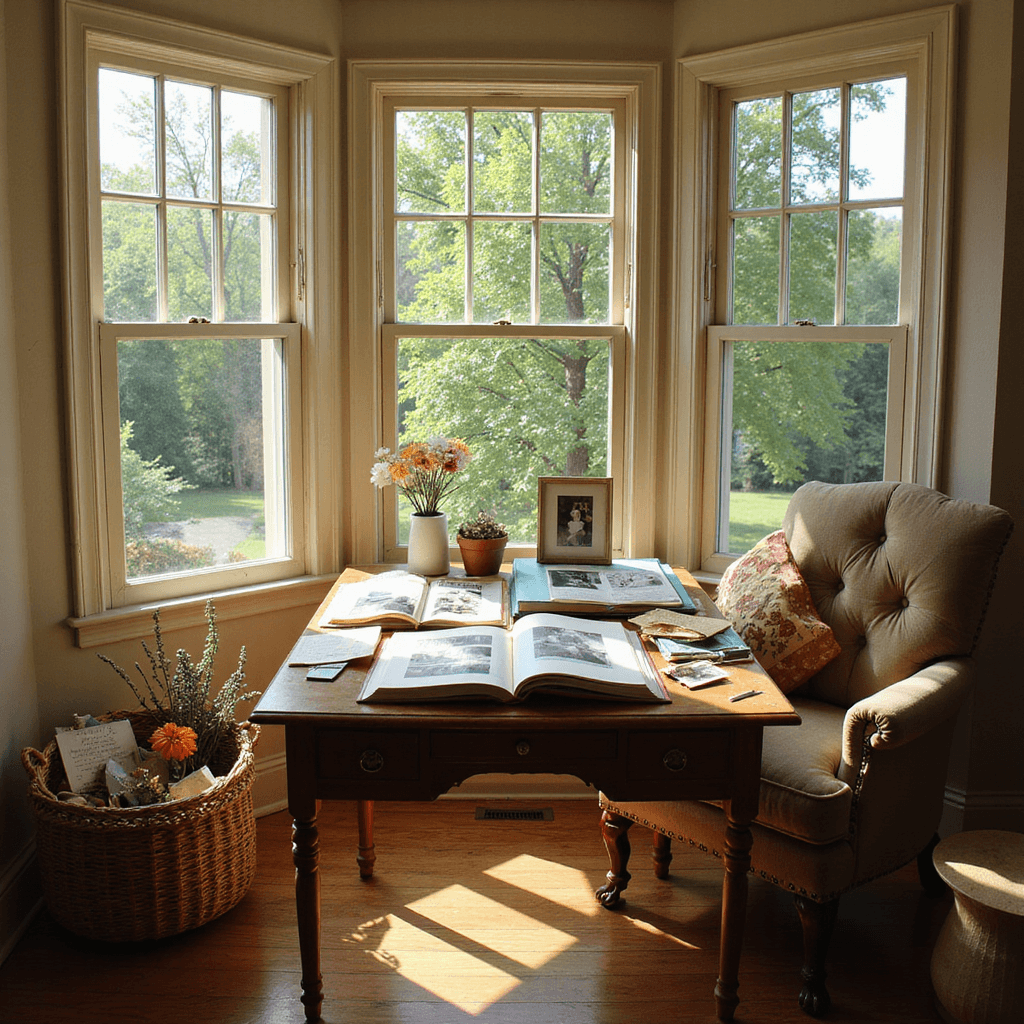 A cozy living room with warm afternoon light, featuring large bay windows overlooking a garden, a vintage wooden desk covered in craft supplies for a photo book, open scrapbooks, colorful paper, and photographs, alongside a comfortable armchair holding a basket of memorabilia, set against soft beige walls and rich hardwood floors, capturing a nostalgic atmosphere.