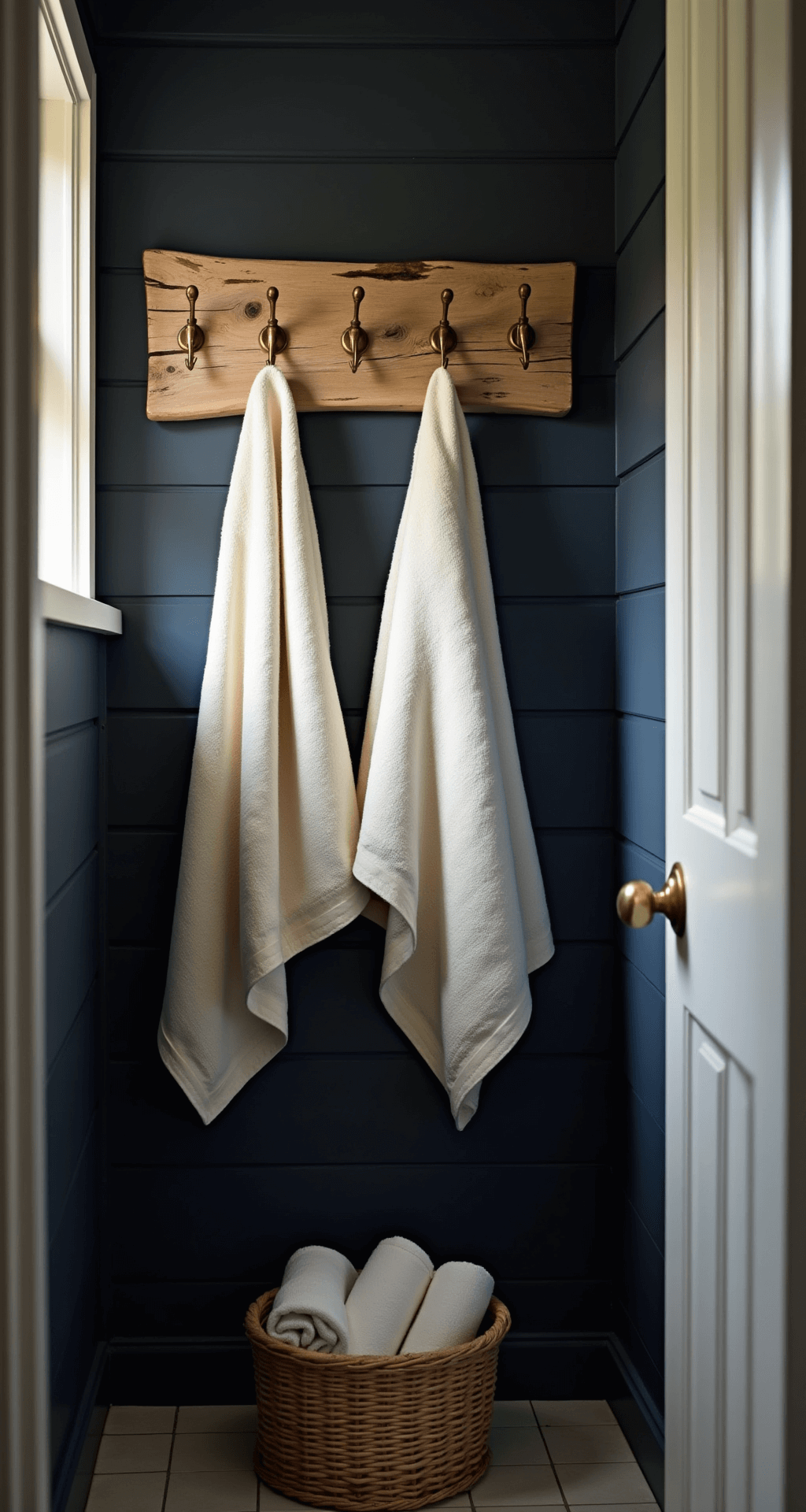 A cozy powder room with a navy shiplap wall, showcasing a weathered driftwood towel rack with antique brass hooks. Natural ecru linen towels hang gracefully, while a rattan basket below holds rolled washcloths. Dramatic afternoon light streams through a small window, creating a moody atmosphere with deep shadows and a focus on the textures of the towels and driftwood.