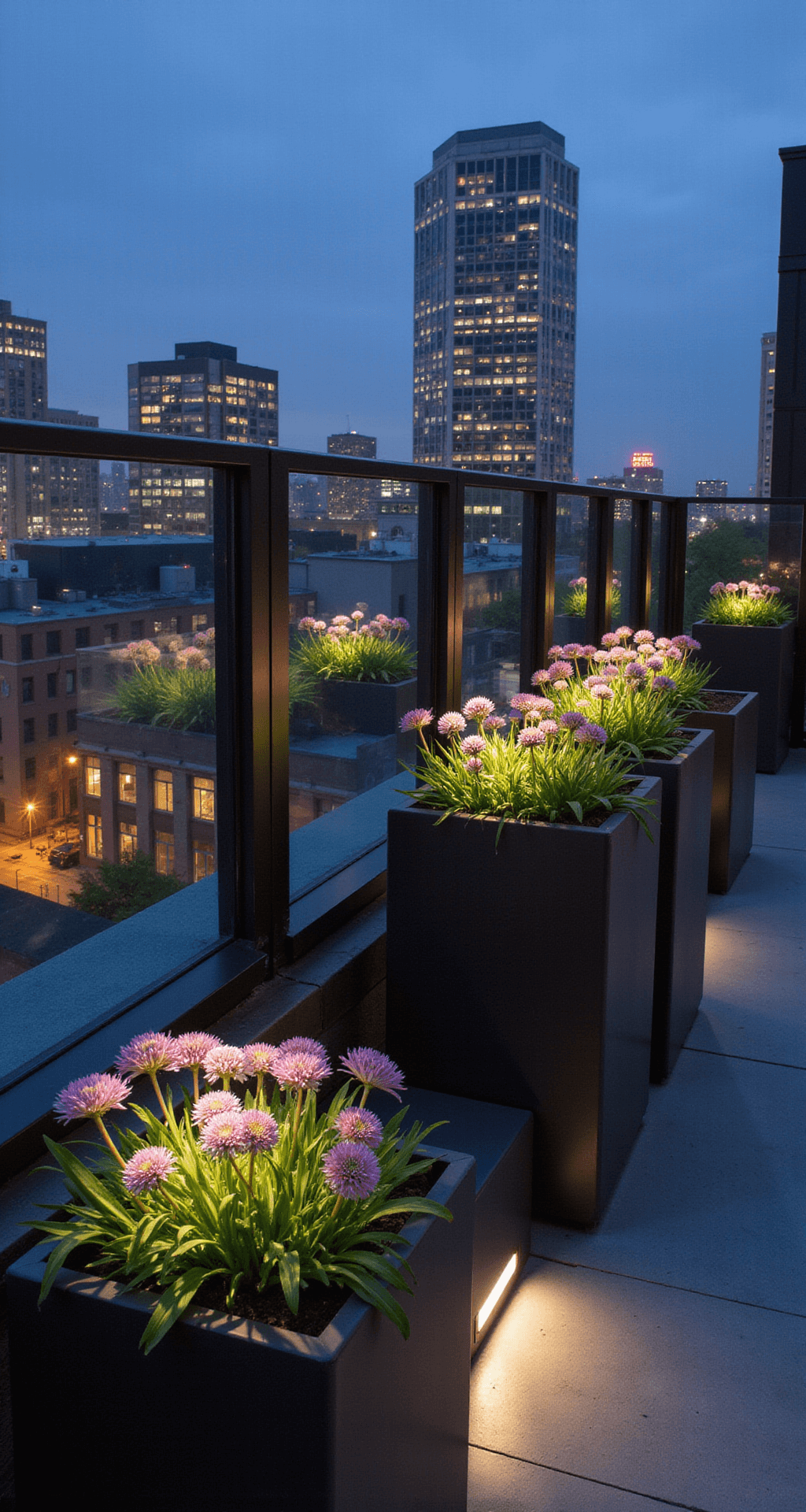 Urban rooftop container garden at twilight with oversized charcoal planters filled with 'Peter Pan' agapanthus, dramatic LED uplighting on blossoms, polished concrete reflecting city lights, and a glass balustrade maintaining skyline views.