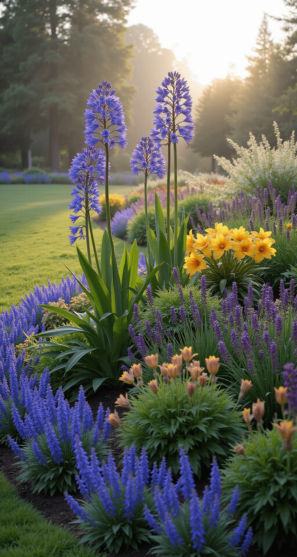 A 25ft curved perennial bed in early morning light features tall agapanthus, deep purple salvia, and golden daylilies, with morning mist creating an ethereal feel and a shallow depth of field highlighting the layered planting design.