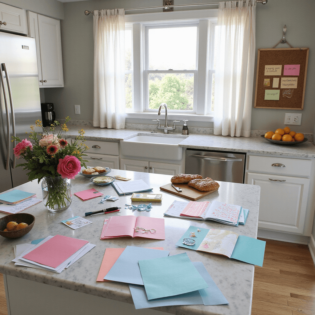 A modern kitchen with stainless steel appliances and marble countertops lit by morning light, featuring a central island filled with colorful crafting materials for a DIY coupon book, a cork board with inspirational ideas, fresh flowers, and citrus fruits, captured from an overhead angle.