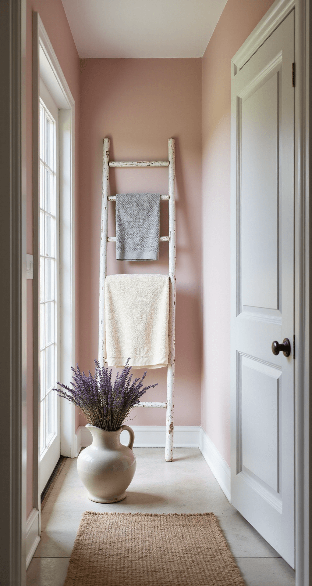 A spacious farmhouse bathroom featuring a blush pink wall with a vintage whitewashed ladder displaying cream and gray waffle-texture towels. A vintage ceramic pitcher with dried lavender sits at the base, all illuminated by soft morning light in a wide-angle shot from the doorway.