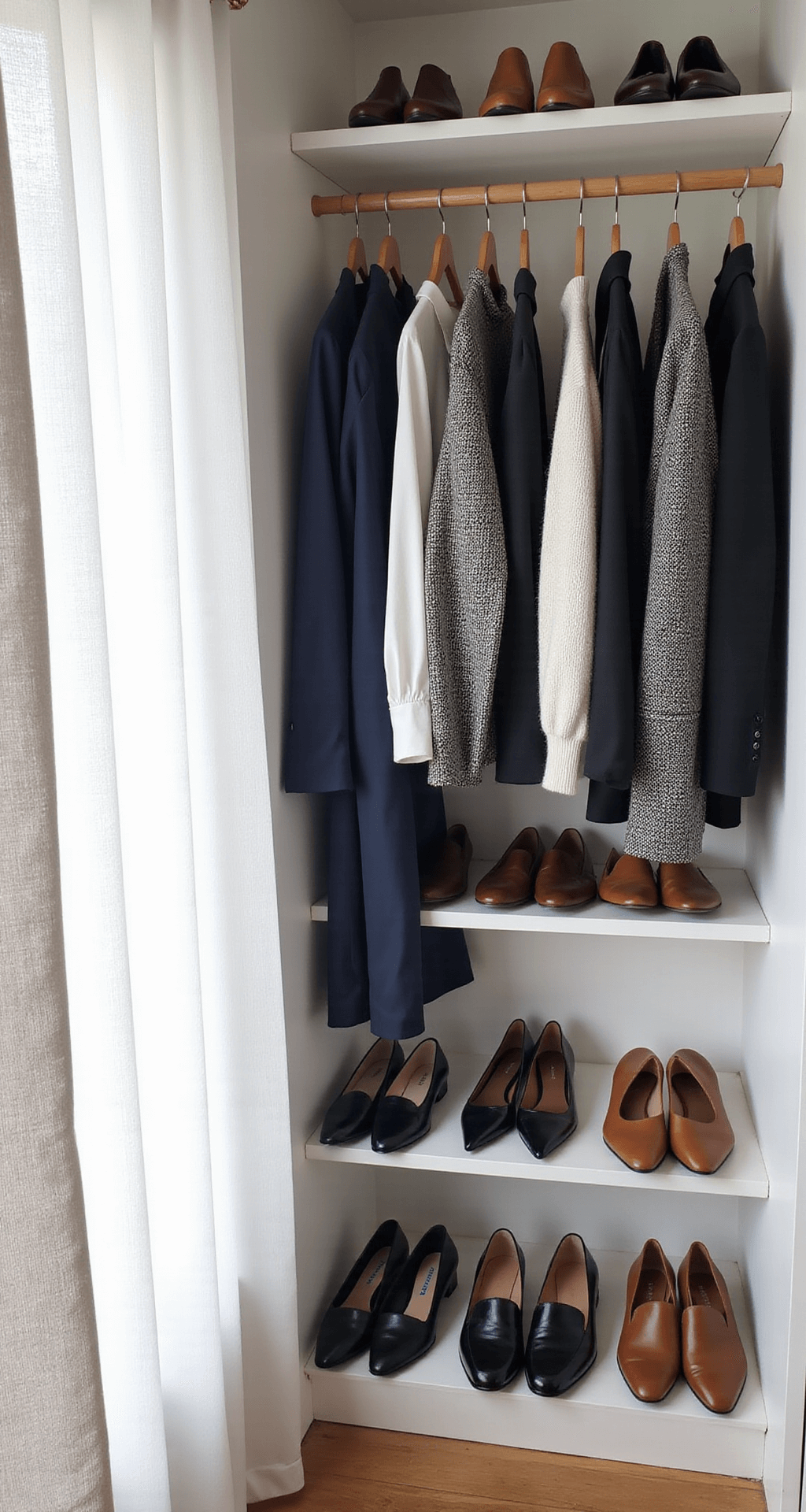 A top-down view of a stylish, organized walk-in closet featuring neatly arranged outfits, including tailored trousers, pressed blouses, and H&M blazers, with shoe shelves displaying leather loafers and flats, illuminated by morning light.