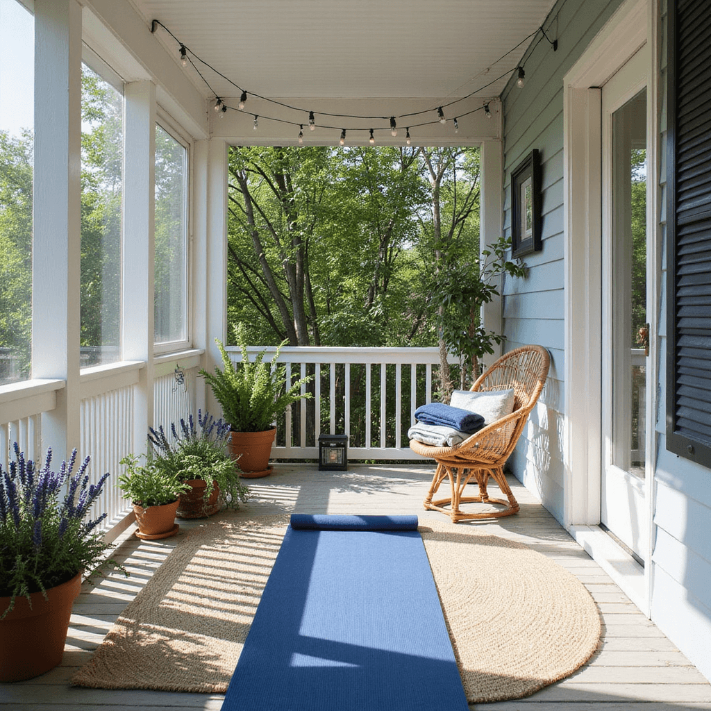 Sun-drenched porch nook transformed into a yoga space, featuring a whitewashed wooden deck, jute rug, deep indigo mat, potted lavender and eucalyptus plants, rattan chair with rolled blankets, and hanging string lights, captured in morning light from an elevated angle.