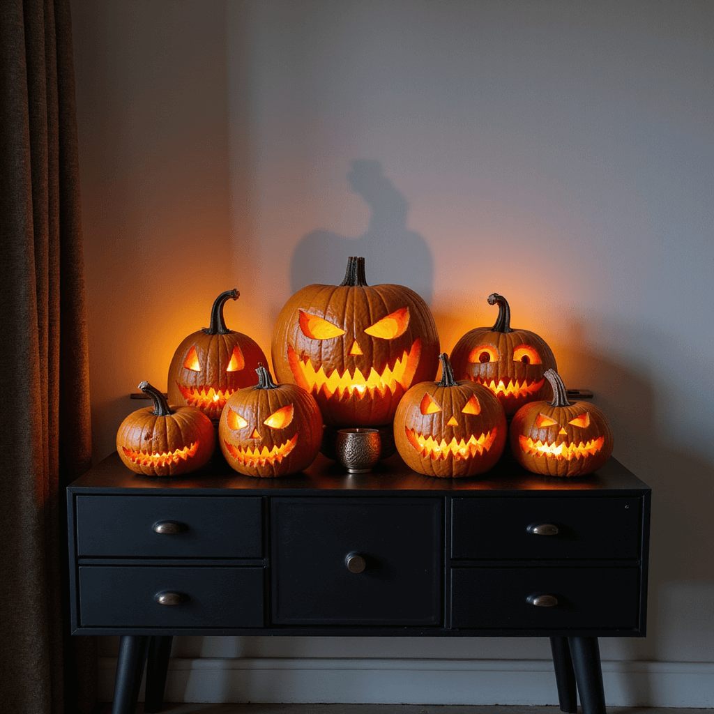 Stylized Halloween display in a modern living room corner featuring tooth-carved pumpkins on a black console table, illuminated by dramatic uplighting that casts shadows on a light gray wall, showcasing various carving styles and metallic accents.