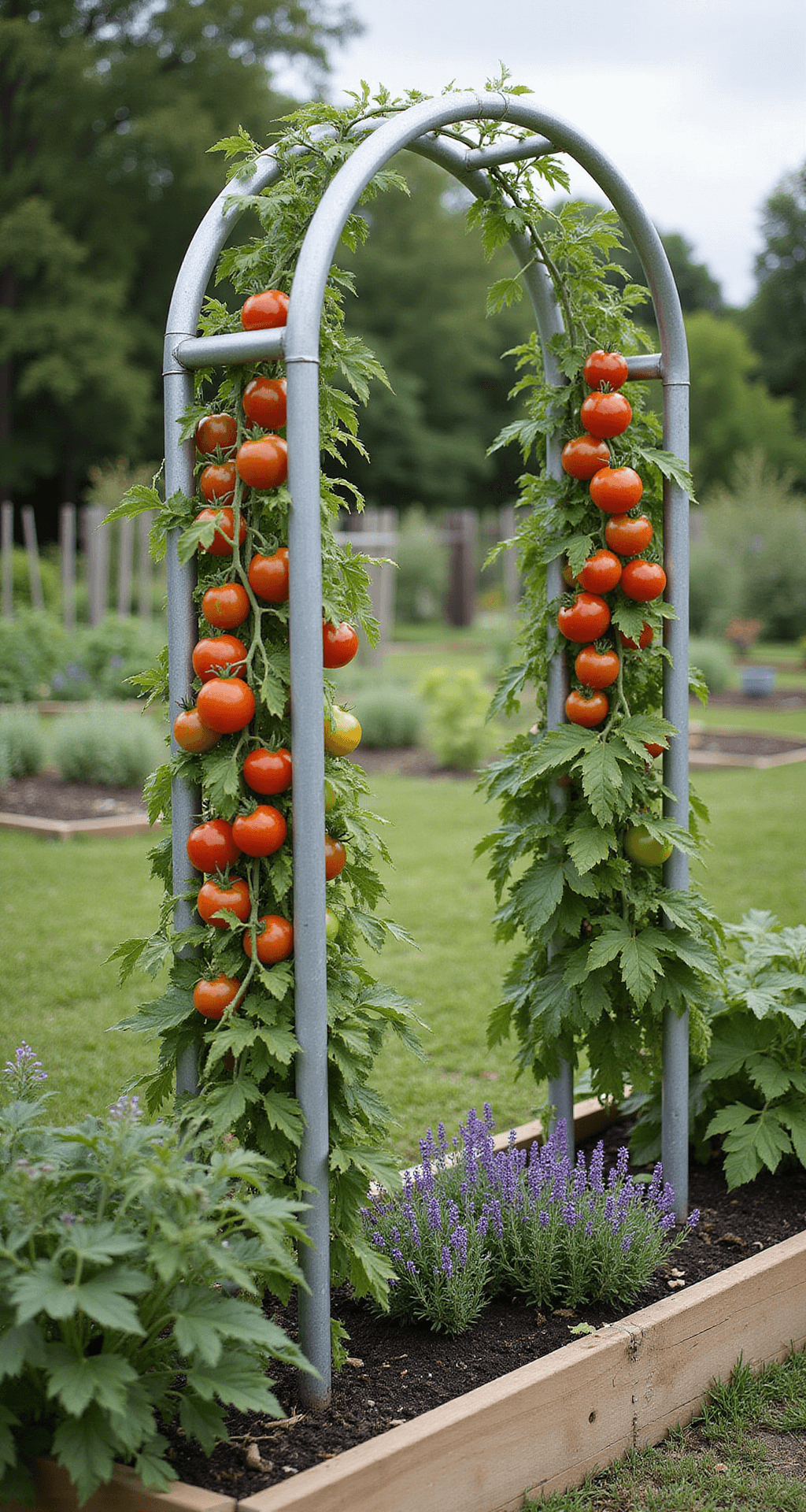 A 6-foot galvanized metal arch covered with heritage tomatoes and flowering pole beans in a raised bed kitchen garden, surrounded by companion herbs, captured in bright midday light to highlight vibrant greens, reds, and purples.