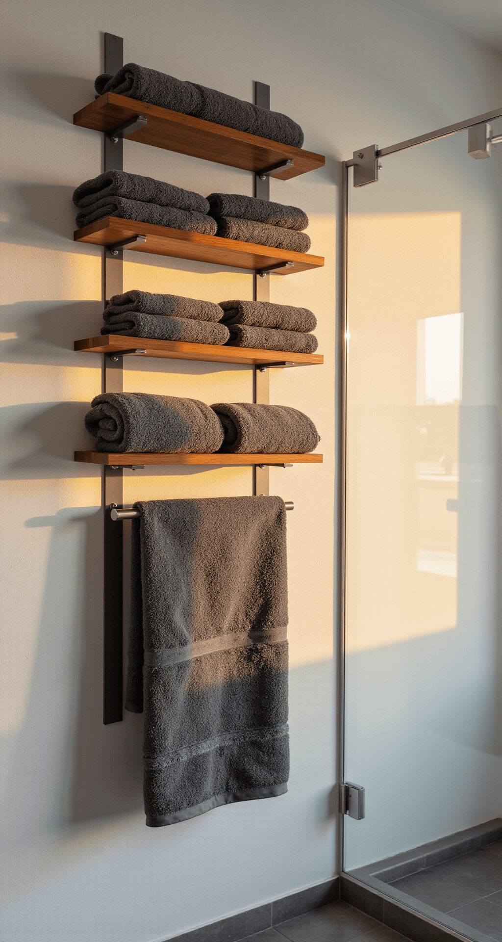 A contemporary spa bathroom at golden hour featuring floating bamboo shelving with integrated towel bars on a white textured wall, charcoal gray Turkish towels neatly folded, and a clear glass shower partition reflecting warm light, captured with shallow depth of field.