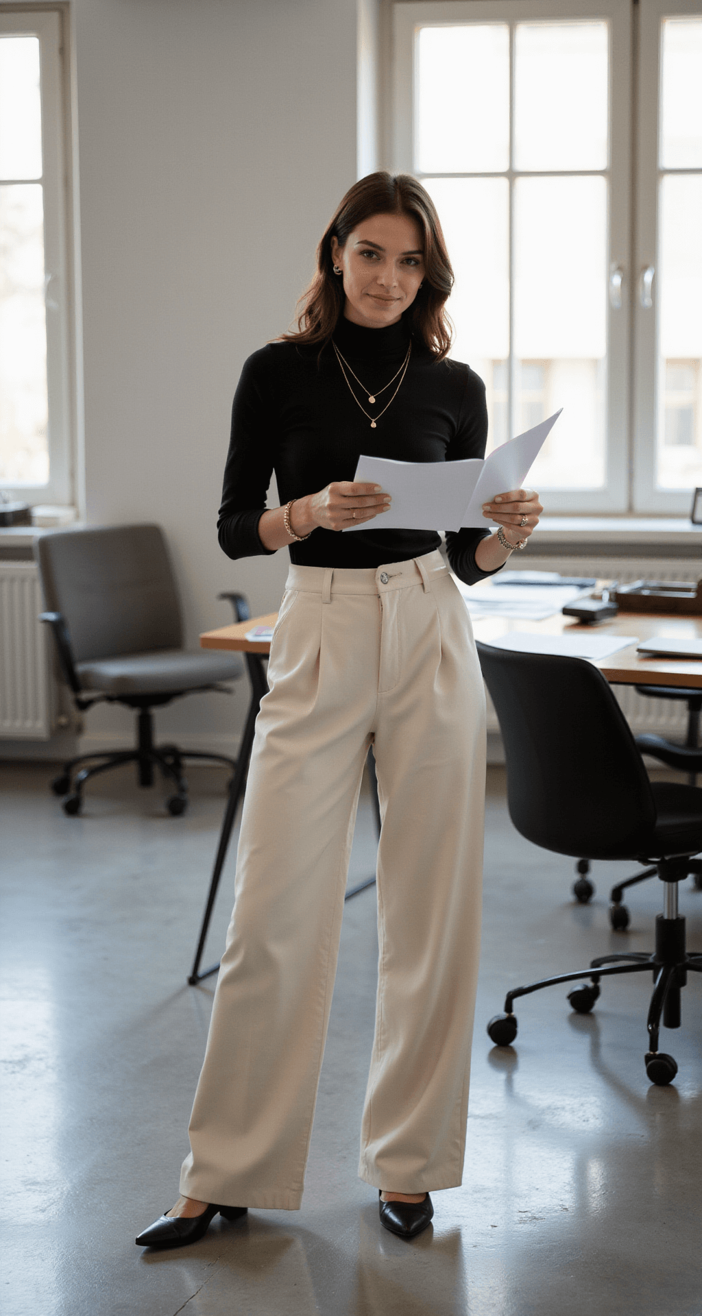 A woman in a fitted black turtleneck and high-waisted wide-leg cream trousers reviews documents at her desk in a contemporary office, with mid-morning light illuminating the space and her black leather pointed mules visible beneath the desk.
