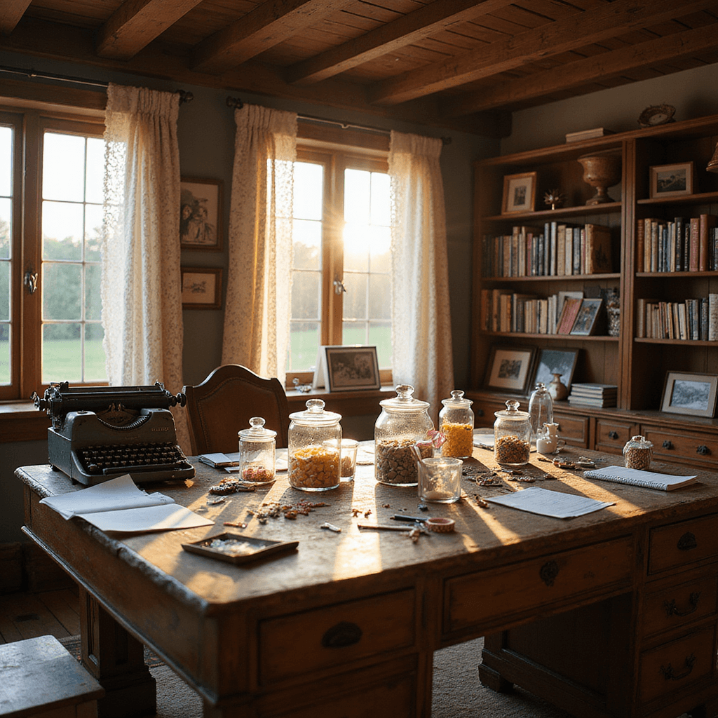 A rustic home office featuring exposed wooden beams, a large antique desk adorned with glass jars filled with colorful paper slips, calligraphy pens, washi tape, and a vintage typewriter. Golden hour sunlight filters through lace curtains, casting a warm glow over well-loved novels and framed photographs on bookshelves, evoking nostalgia and romance.