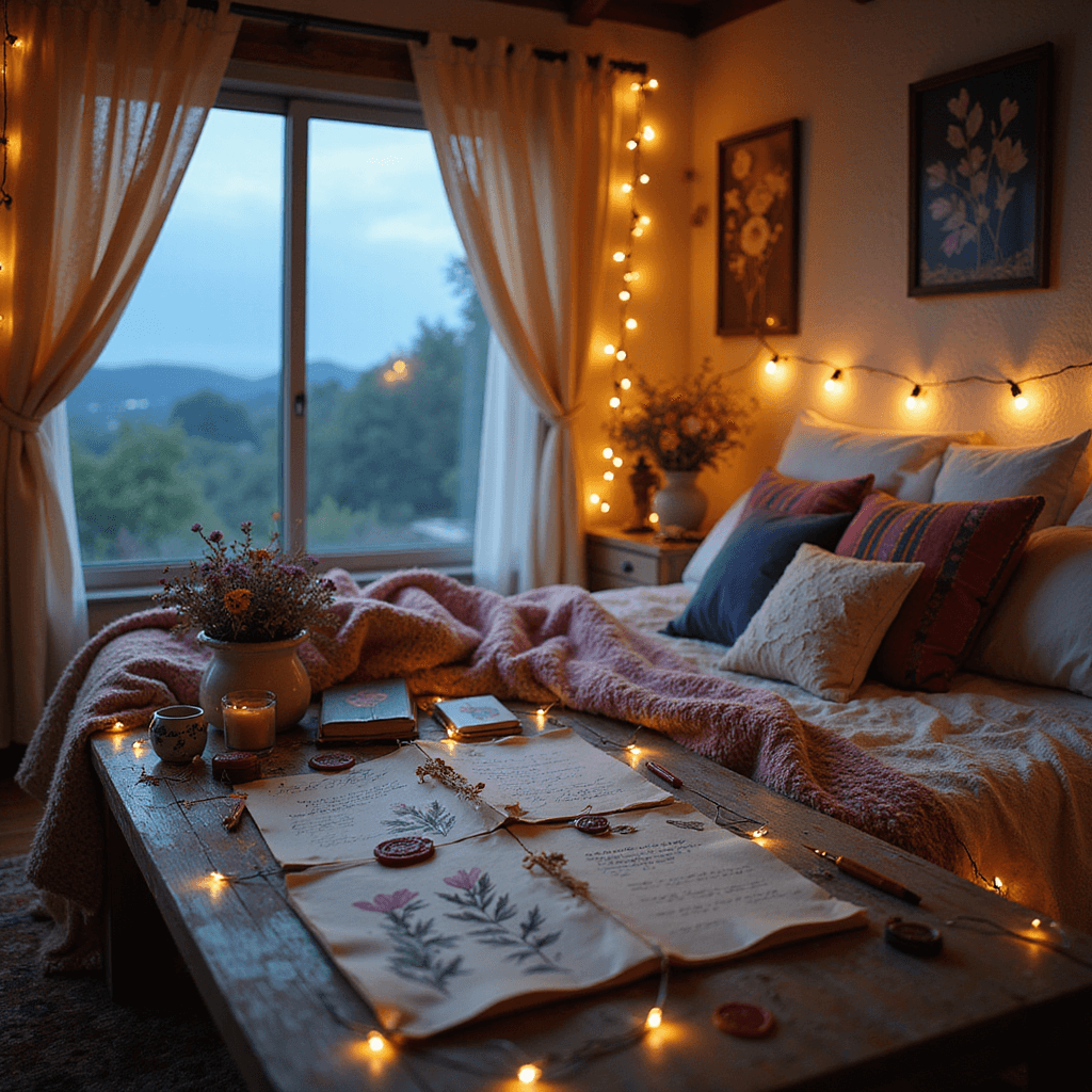 A cozy bohemian-style bedroom with flowing fabric canopies, plush rugs, and soft twilight hues. A low table holds parchment, fountain pens, and wax seals, surrounded by pressed flowers and botanical sketches. Fairy lights add a magical touch, while a colorful bed with throw pillows and blankets is visible in the background.