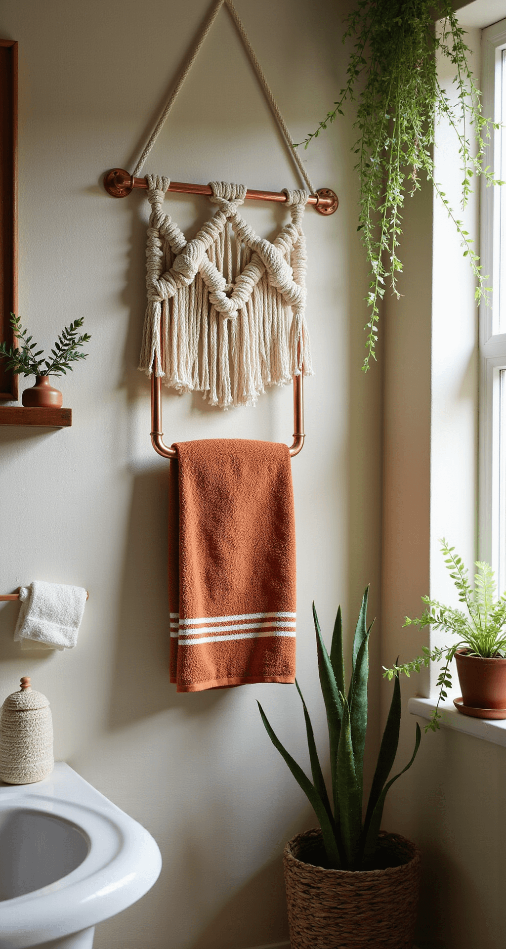 Bohemian bathroom corner featuring macramé wall hanging for towel storage, accented by terracotta and ivory towels, with trailing plants framing the scene, all captured in warm, diffused afternoon light from a low angle.