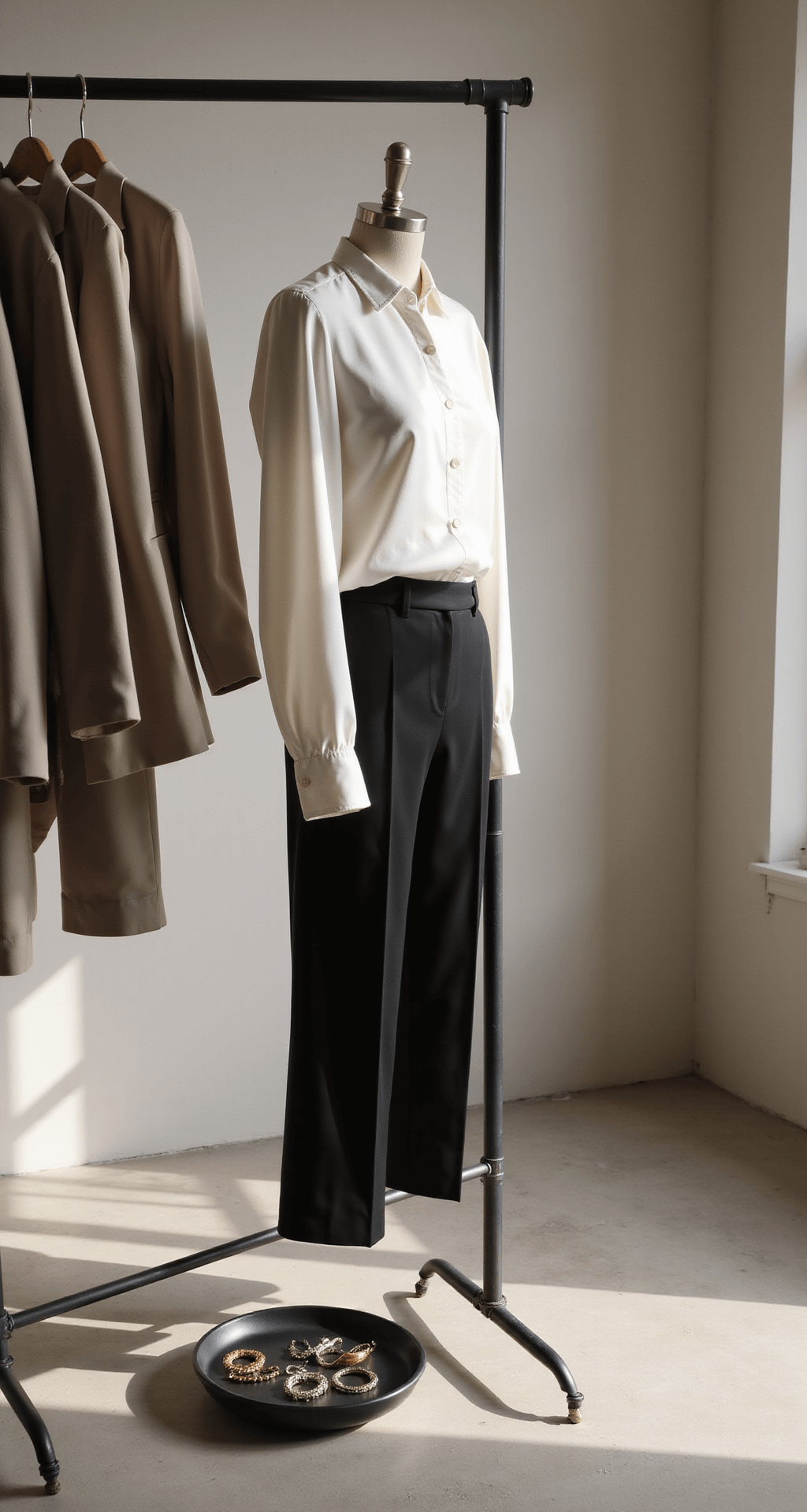 A minimalist dressing room adorned with soft afternoon light, showcasing a perfectly steamed pearl white LilySilk blouse paired with tailored black ankle-length trousers on a clothing rack, neutral blazers hanging nearby, and a jewelry tray featuring curated minimal accessories, all highlighted by professional lighting to enhance texture and quality.