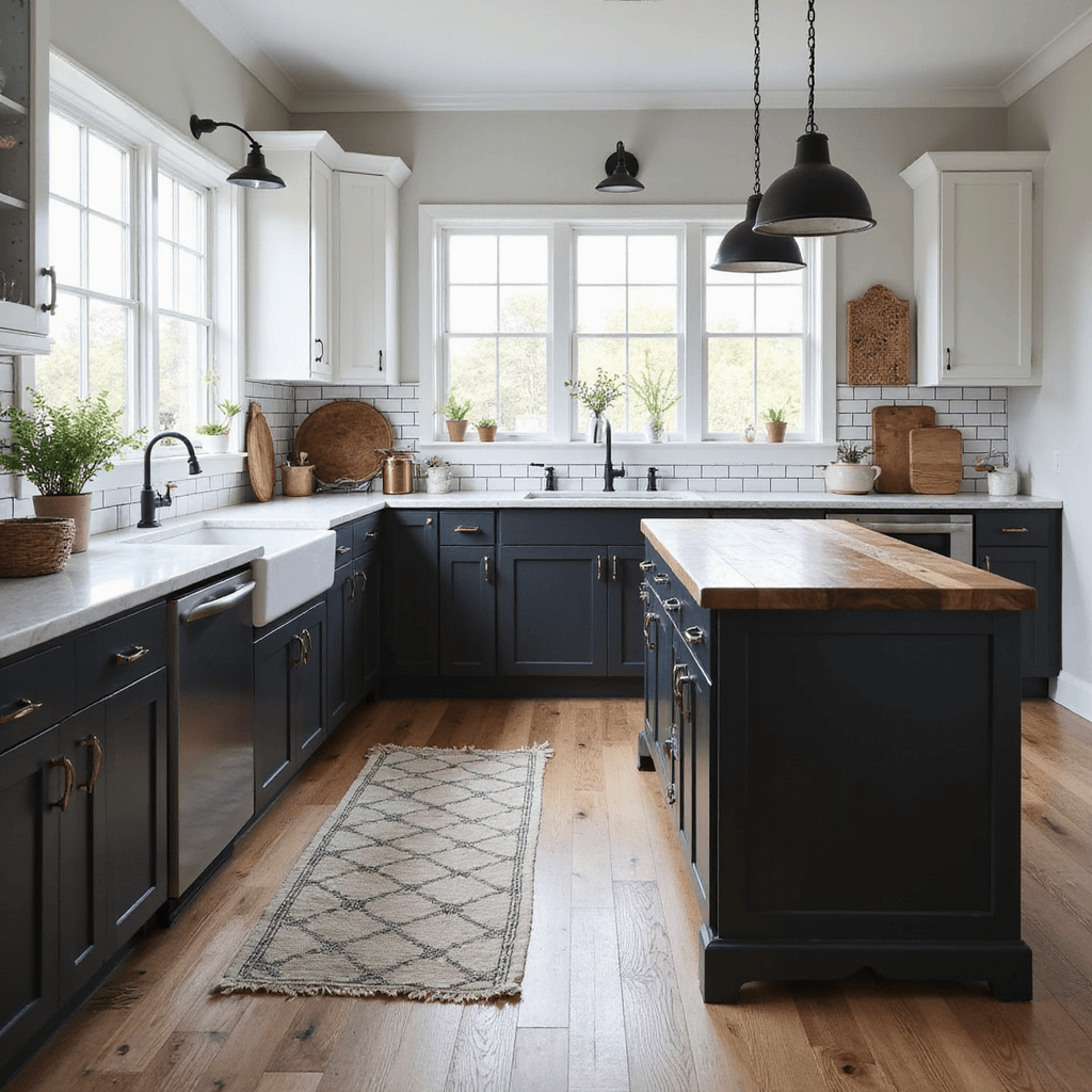 A bright farmhouse kitchen with matte black lower cabinets, white Shaker-style upper cabinets, and Carrara marble countertops, featuring a 6ft butcher block island, industrial pendant lights, vintage white subway tile backsplash, and warm wood accents. Fresh herbs and copper cookware add decorative touches.