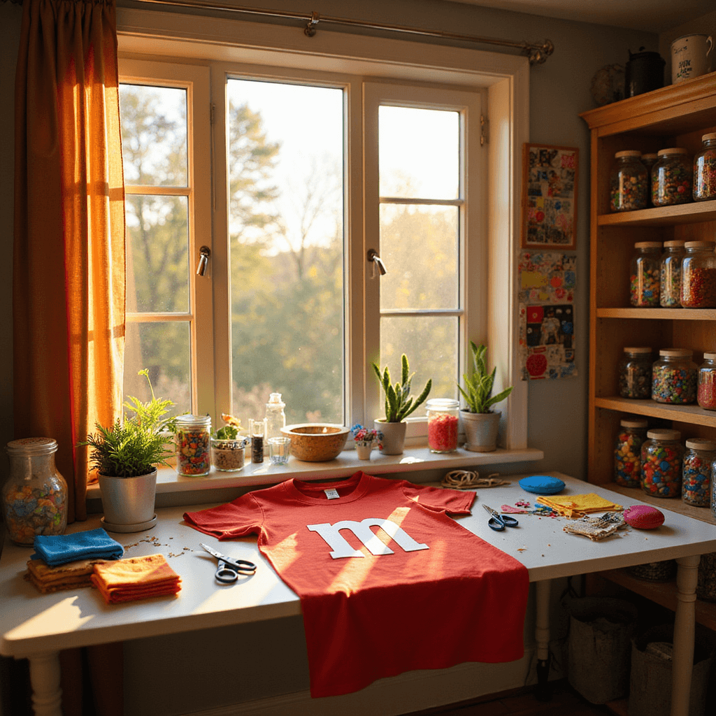 A cozy craft room with warm afternoon sunlight streaming through a large bay window, illuminating a central worktable. The table features a vibrant red t-shirt with a white 'm' cutout, surrounded by scissors, felt scraps, and colorful fabrics. Shelves hold jars of buttons and ribbons, while a nearby mood board displays inspiration for M&M costumes. The scene captures a cheerful and inviting creative space.