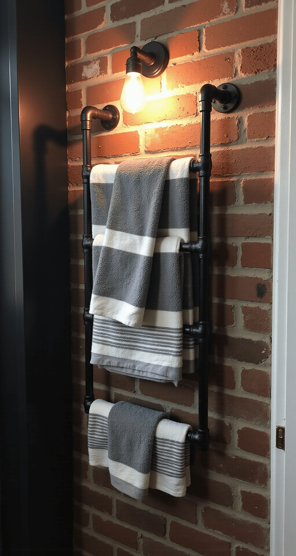 Industrial-chic bathroom featuring an exposed brick wall, a black pipe towel rack with charcoal and white striped towels, and a dramatic Edison bulb sconce, all captured from a side angle to highlight the full height of the installation in a moody urban atmosphere.