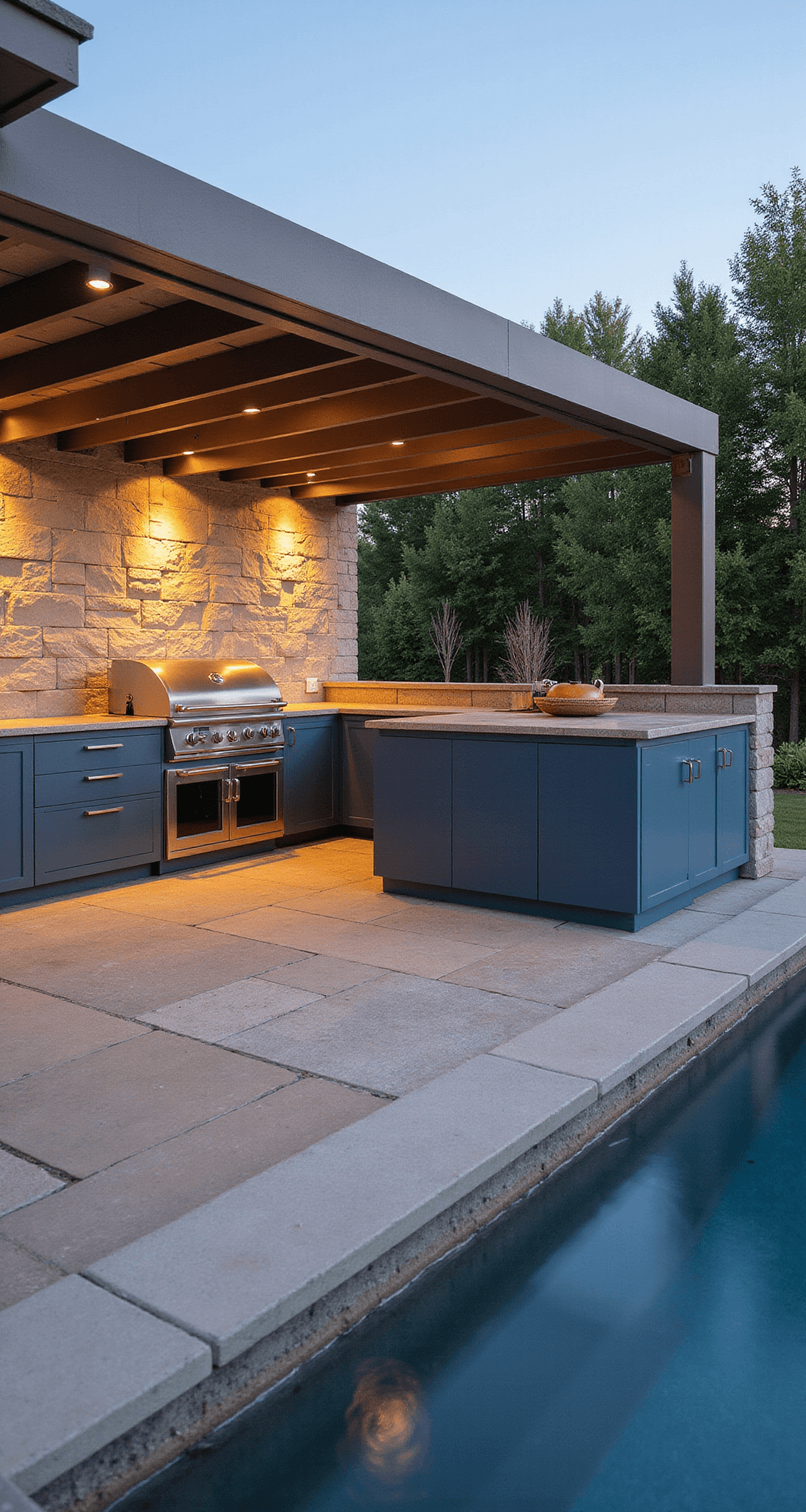 A luxurious outdoor kitchen featuring a sleek L-shaped design with navy blue island, stainless steel cabinets, polished concrete countertops, and a 48-inch grill. The scene captures warm sunlight, geometric shadows from a pergola, and textured pavers leading to an infinity pool.