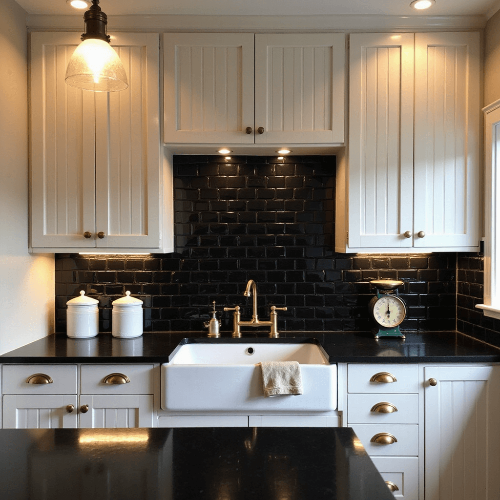 Intimate kitchen scene featuring black quartz countertops and white beadboard cabinets with aged brass hardware, illuminated by under-cabinet LED lighting. A dramatic black tile backsplash enhances the farmhouse sink, while the composition includes white ceramic canisters, linen tea towels, and a vintage scale. The space is softly lit in golden hour, highlighting the warm, inviting colors of charcoal black, creamy white, and natural linen.