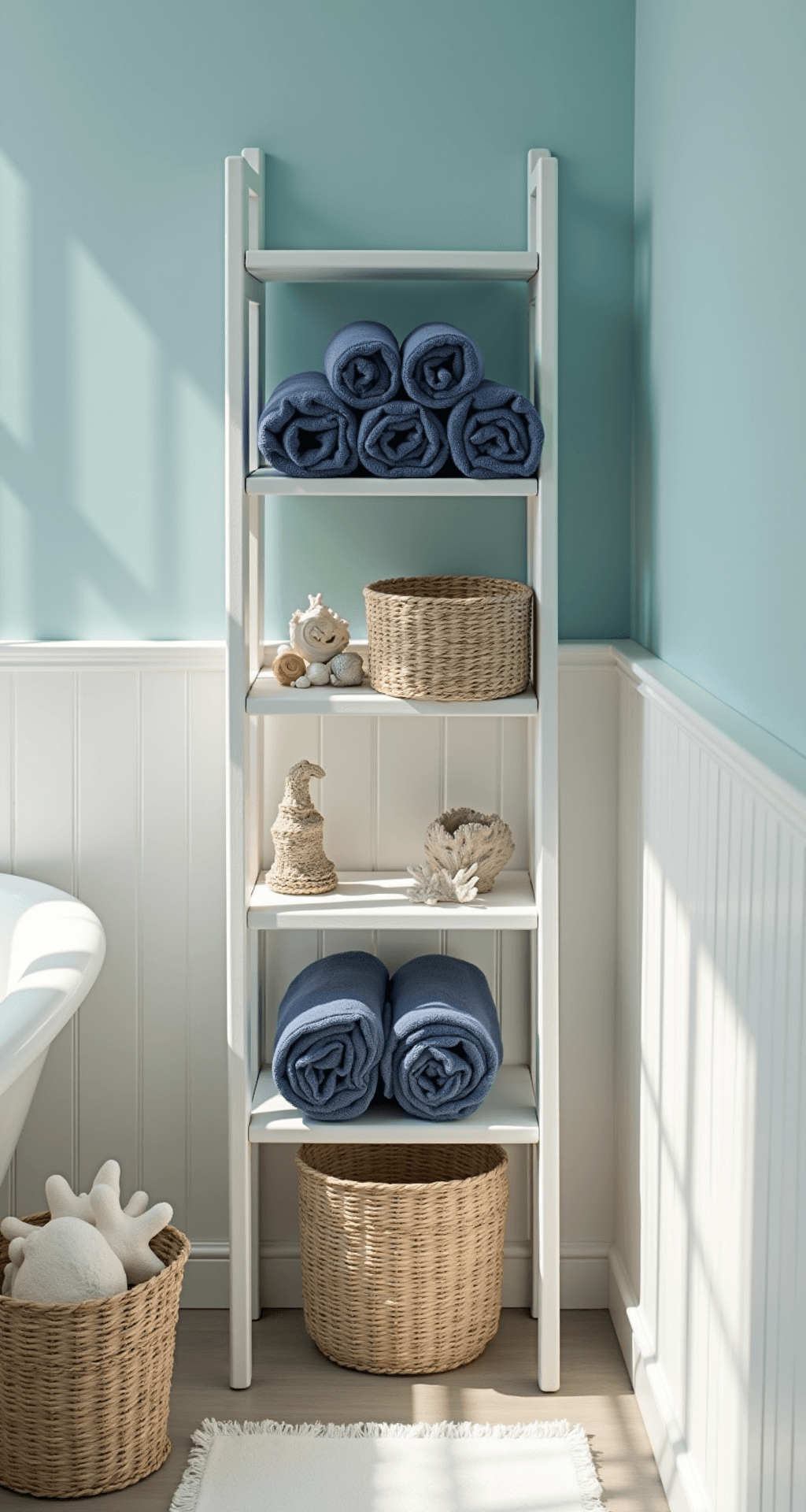 Coastal bathroom with sea-glass blue walls, featuring a white wooden ladder shelf displaying rolled navy towels and woven storage baskets, accented by shell collections and coral pieces; bright morning light creates a fresh, airy atmosphere.