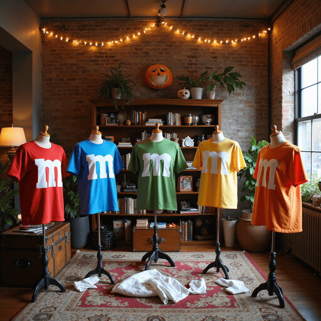 Eclectic living room transformed into a costume prep area with five dress forms in a semi-circle, each wearing a different colored shirt with white 'm's. Accessories and gloves are on a vintage trunk, while a well-stocked bookshelf and soft fairy lights enhance the festive atmosphere.