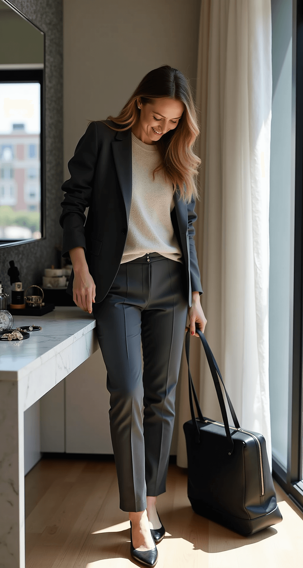 A professional woman in a charcoal Ann Taylor trouser suit finalizes her outfit at a marble vanity, with natural light casting shadows as she organizes her polished shoes and simple jewelry.