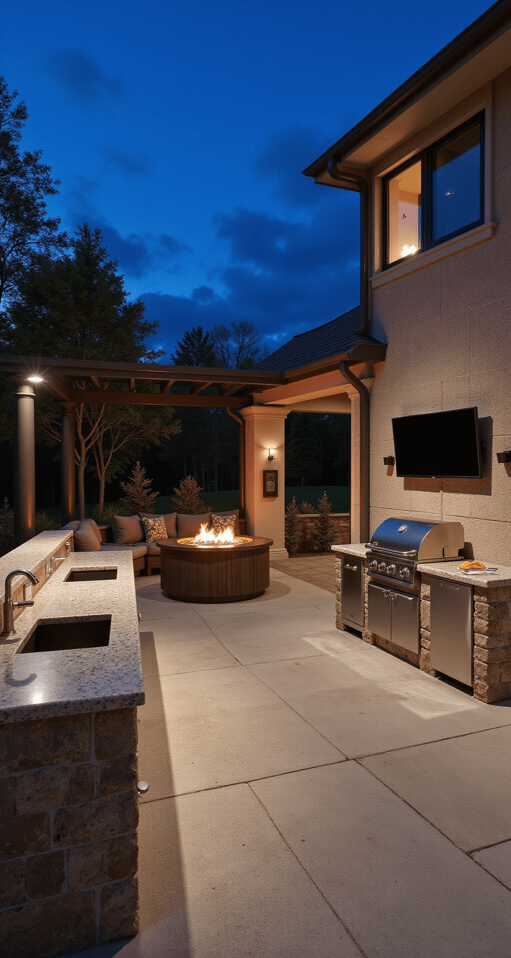 Interior-exterior shot of a dusk-lit outdoor kitchen featuring dual cooking islands, brushed stainless steel appliances, diamond stone waterfall countertops, a weather-resistant TV, moody landscape lighting, contemporary furnishings, and a warm fire pit, all captured at dining height with an f/4 focus.