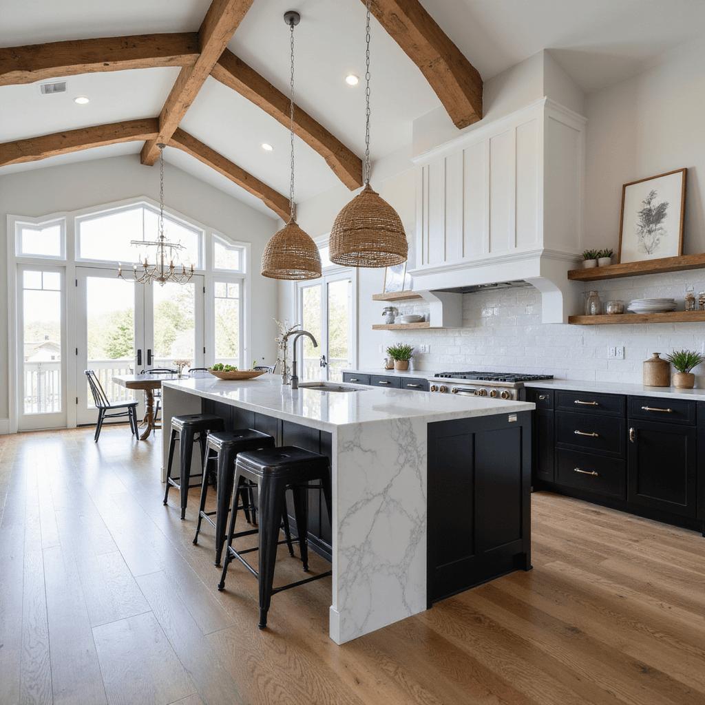 A sun-drenched open-concept kitchen with white and black two-tone cabinets, a white quartz waterfall island, black barstools, and rustic wooden shelves, featuring wide-plank oak flooring and exposed beams, illuminated by natural light from French doors.