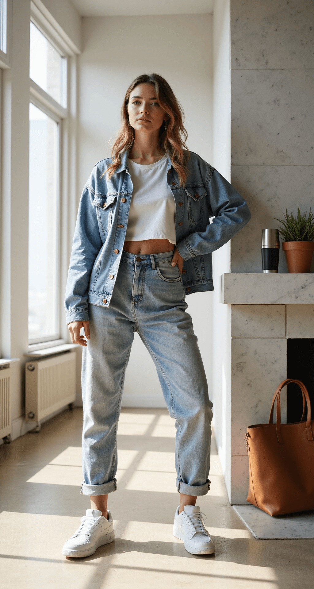 A young woman in high-waisted light wash jeans, a cropped white tee, and an oversized vintage denim jacket stands by a floating marble shelf in a sun-drenched minimalist living room, styling her outfit. Clean white Nike Air Force 1s, a leather tote, and a KeepCup are on the shelf, with morning light streaming through floor-to-ceiling windows, highlighting the neutral tones and natural textures of the space.