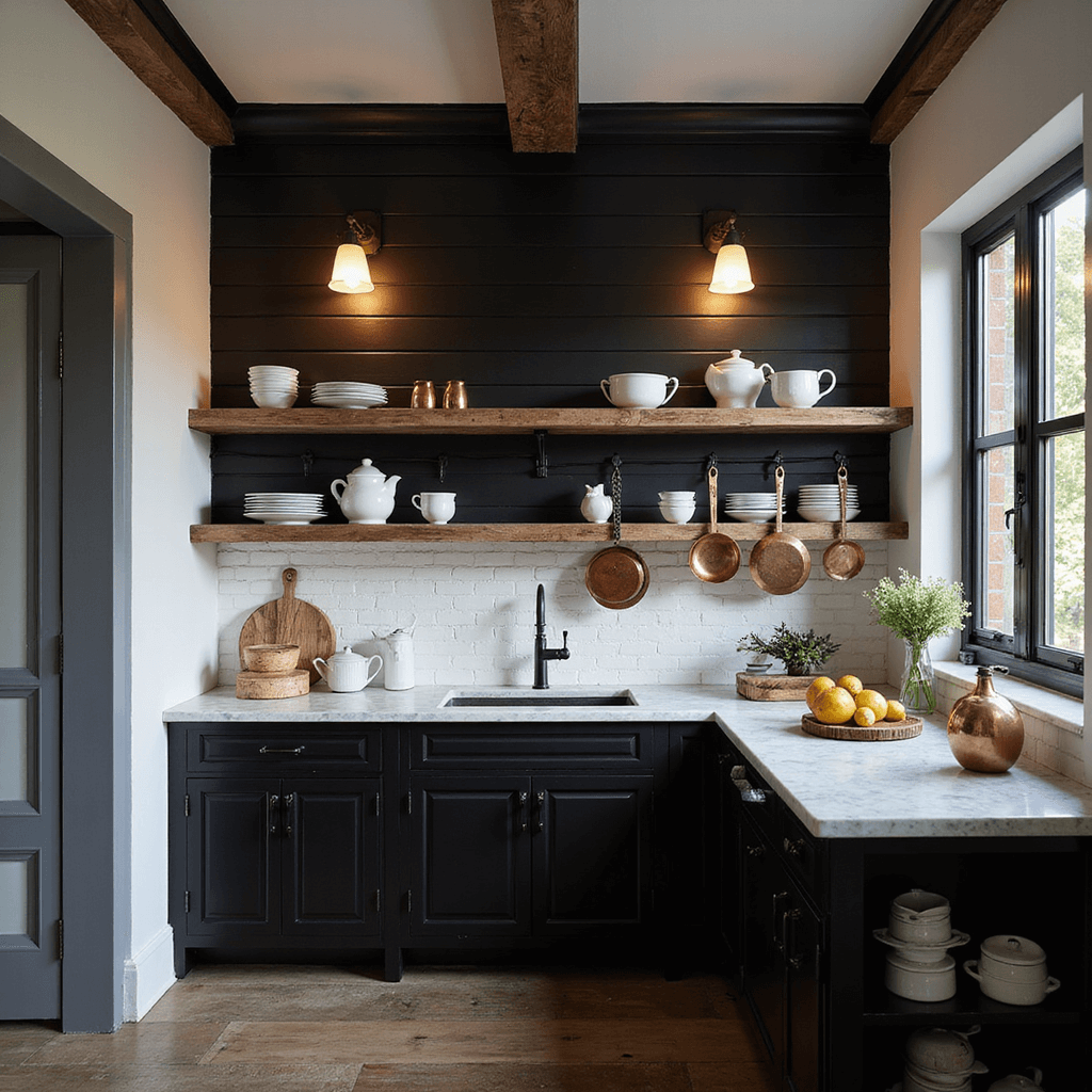 Cozy farmhouse kitchen corner vignette at twilight, featuring a black shiplap accent wall and white brick, with reclaimed wood open shelving displaying ironstone, a marble-topped prep station with a black base and hanging copper cookware, all illuminated by vintage sconces.