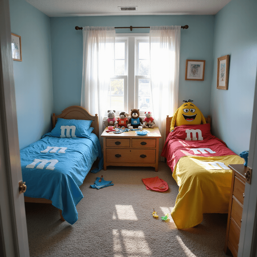 A cozy and whimsical children's bedroom turned costume workshop, featuring pale blue walls, twin beds adorned with brightly colored pajamas, a craft table with crafting supplies, and stuffed animals in M&M costumes, all illuminated by soft, natural light.