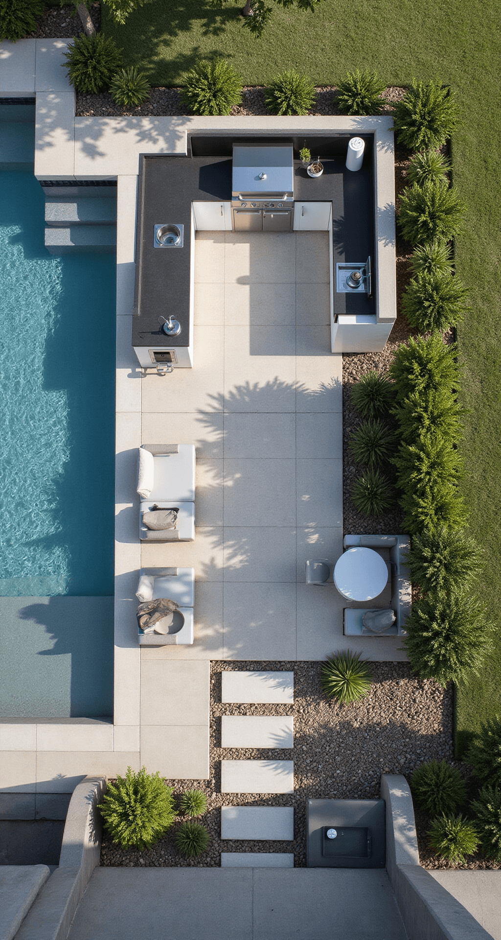 Overhead view of a compact 12x18ft outdoor kitchen with high-end dual fuel grill, white marine-grade cabinets, dark concrete countertops, integrated bar seating, and LED-lined stepping stones, all highlighted by midday sun.