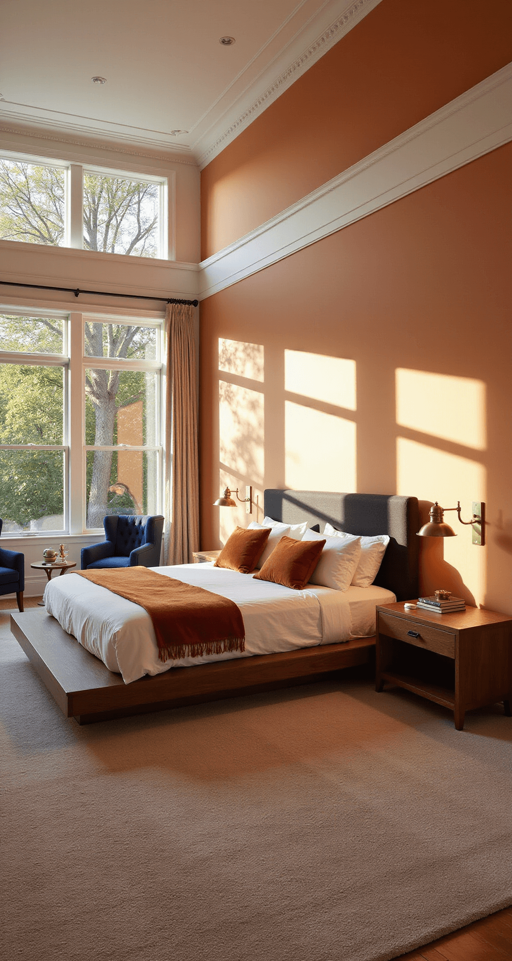 A spacious bedroom featuring burnt orange walls, a modern walnut platform bed with white linens and burnt orange pillows, navy blue chairs in a reading nook, and warm golden hour sunlight.