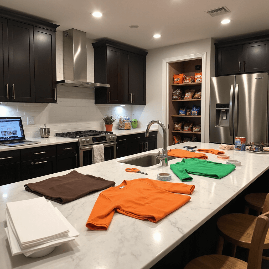 A modern kitchen with stainless steel appliances and a marble island cluttered with brown, orange, and green shirts for costume making. A laptop displays M&M costume ideas, while white felt sheets, scissors, and fabric tape lie nearby. An open pantry shows bags of M&Ms, creating a playful atmosphere under bright overhead lighting.