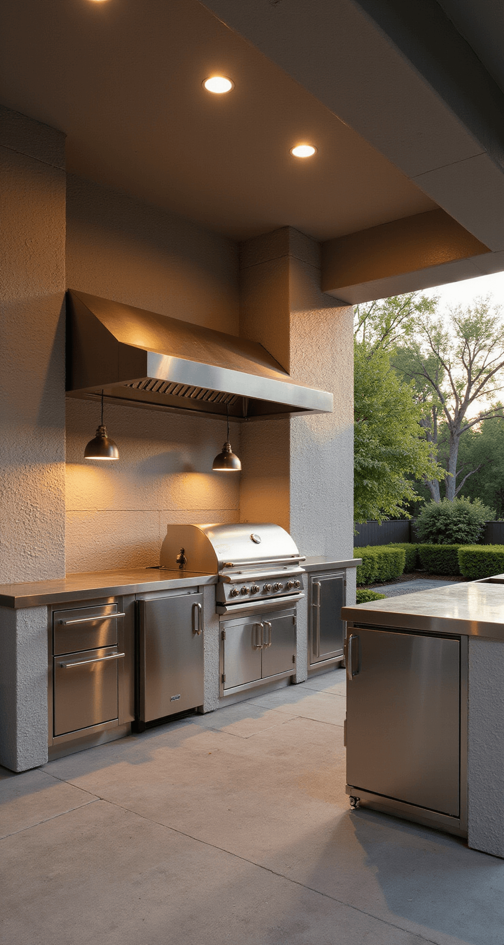 Eye-level shot of a luxury outdoor kitchen complex featuring a professional-grade cooking station with a 60-inch grill, pizza oven, and smoker. Stainless steel surfaces shine against a textured stone backdrop, illuminated by contemporary pendant lights. A floating concrete shelter adds architectural interest, while multiple refrigeration units are integrated into custom cabinetry. An herb garden is visible in the background planters, captured during golden hour with a selective focus on the cooking equipment.