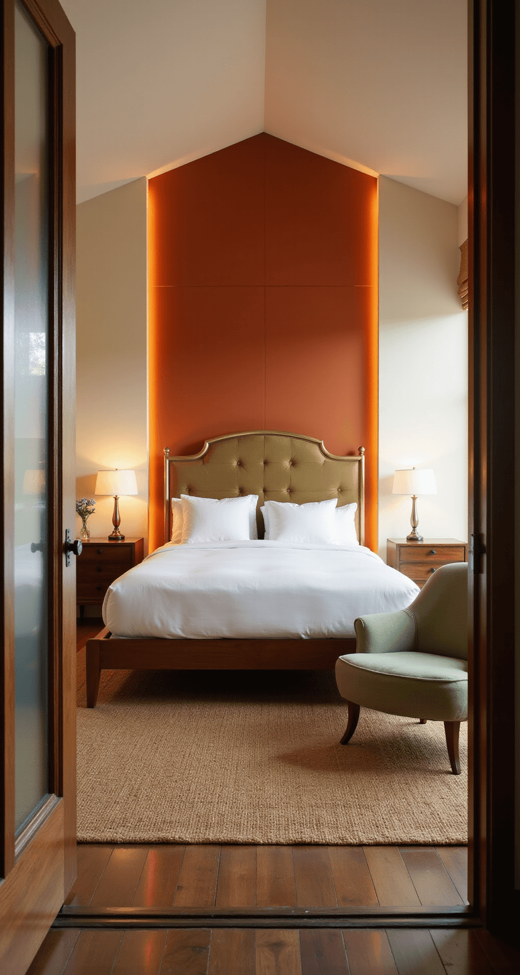 Mid-century modern bedroom at dusk featuring a burnt orange accent wall, cream base, California king bed with geometric brass headboard, floating walnut nightstands, a sage green accent chair, and a textured jute rug, lit by ambient evening light and warm LED uplighting.