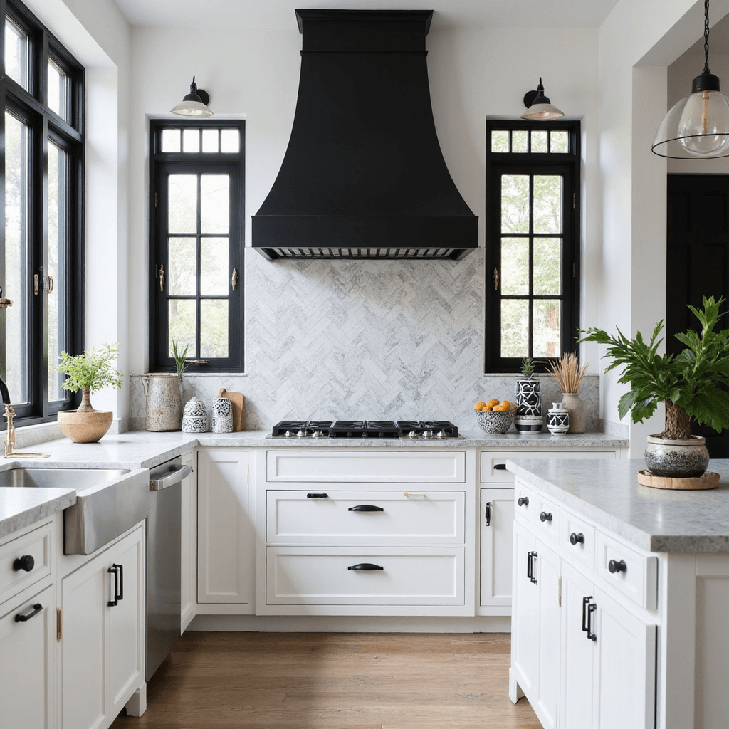 Modern farmhouse kitchen featuring floor-to-ceiling white cabinetry, black window frames, and a striking herringbone marble backsplash, highlighted by a black steel range hood, geometric black and white ceramics, and fresh greenery, all illuminated by midday natural light.