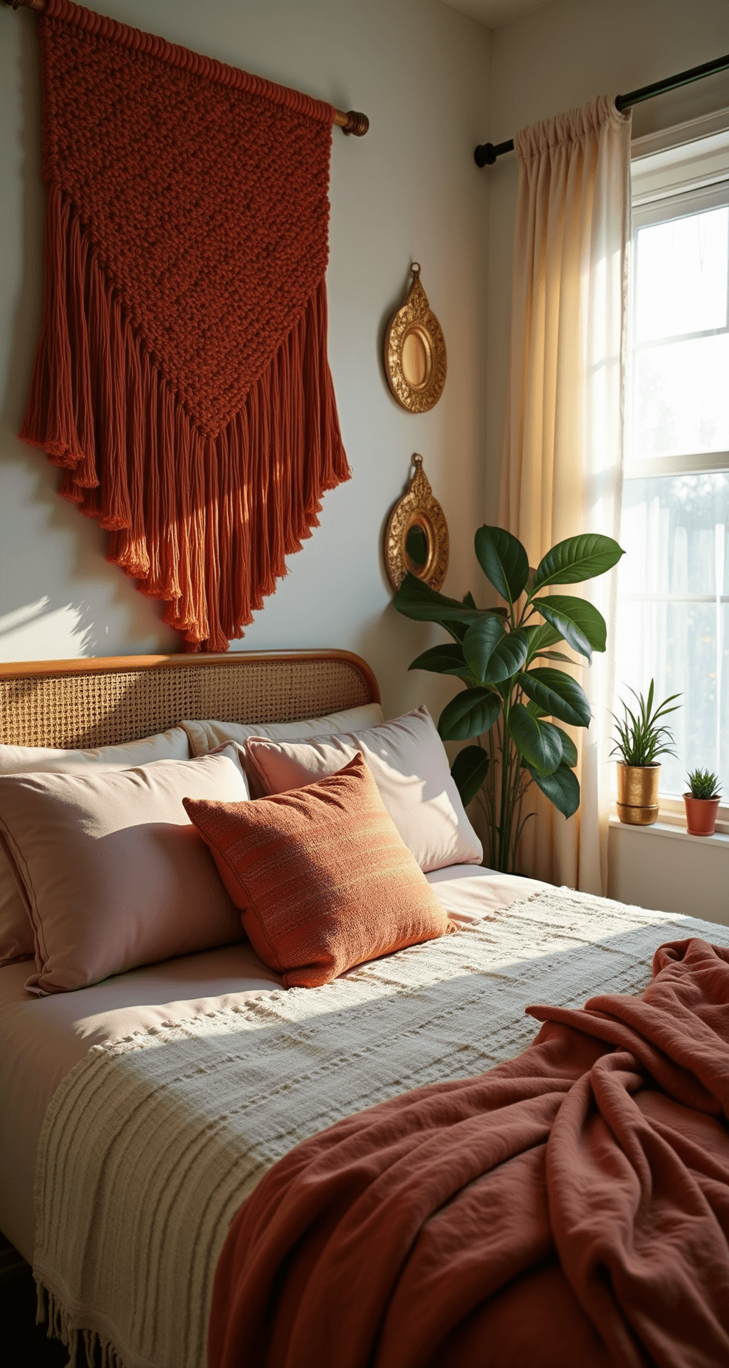 Intimate boho-style bedroom with vintage rattan headboard, featuring a burnt orange macramé wall hanging, layered textiles including a cream throw and blush pink linen duvet, mixed pattern pillows in rust tones, potted plants, and brass mirrors, all illuminated by gentle morning light filtering through sheer curtains.