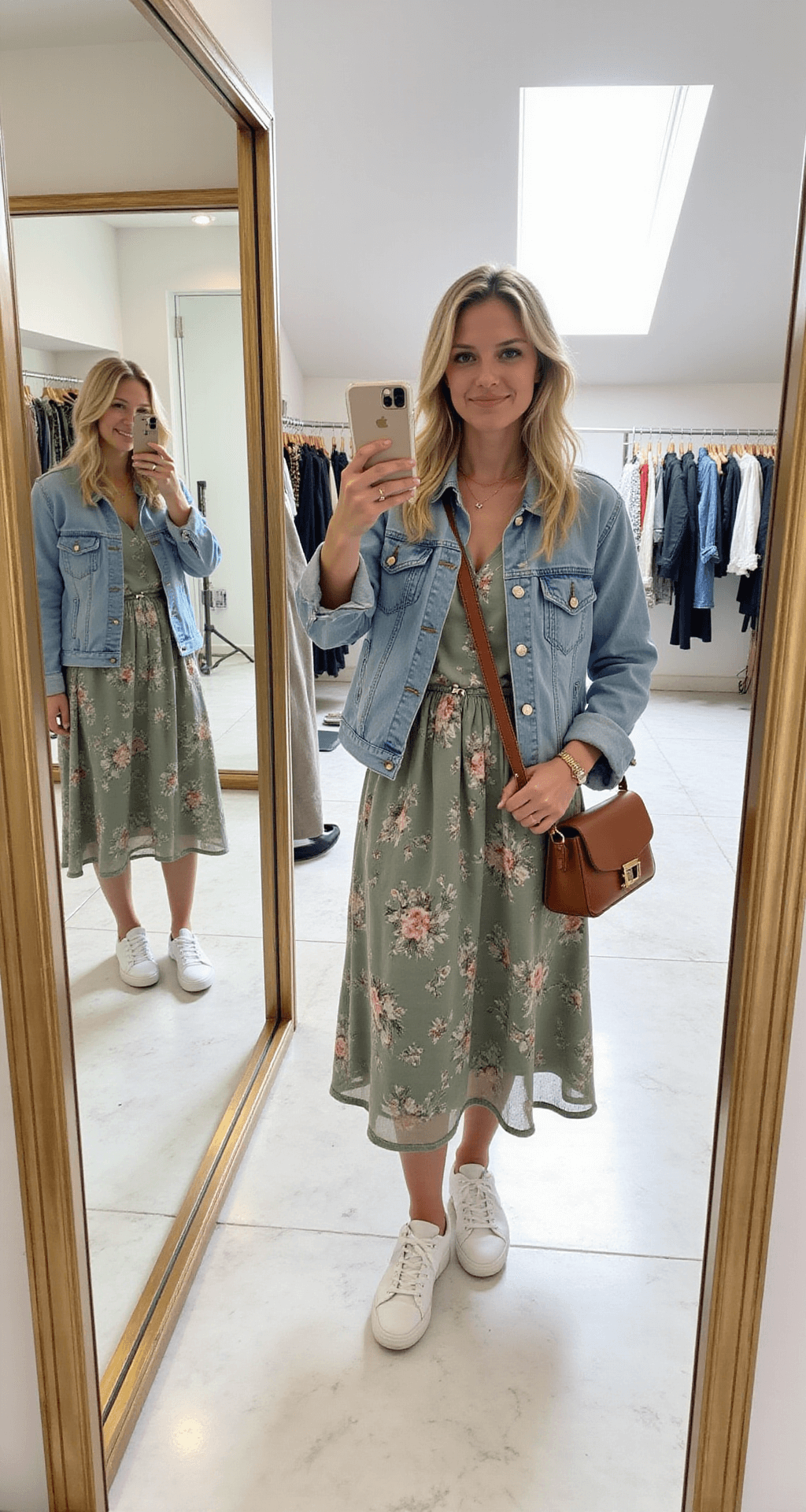 A bright boutique dressing room featuring marble floors and brass accents, showcasing a woman in a floral midi dress with a light wash jean jacket, white sneakers, and a tan leather crossbody bag. Natural light from a skylight enhances the scene, with multiple mirror reflections capturing the outfit.