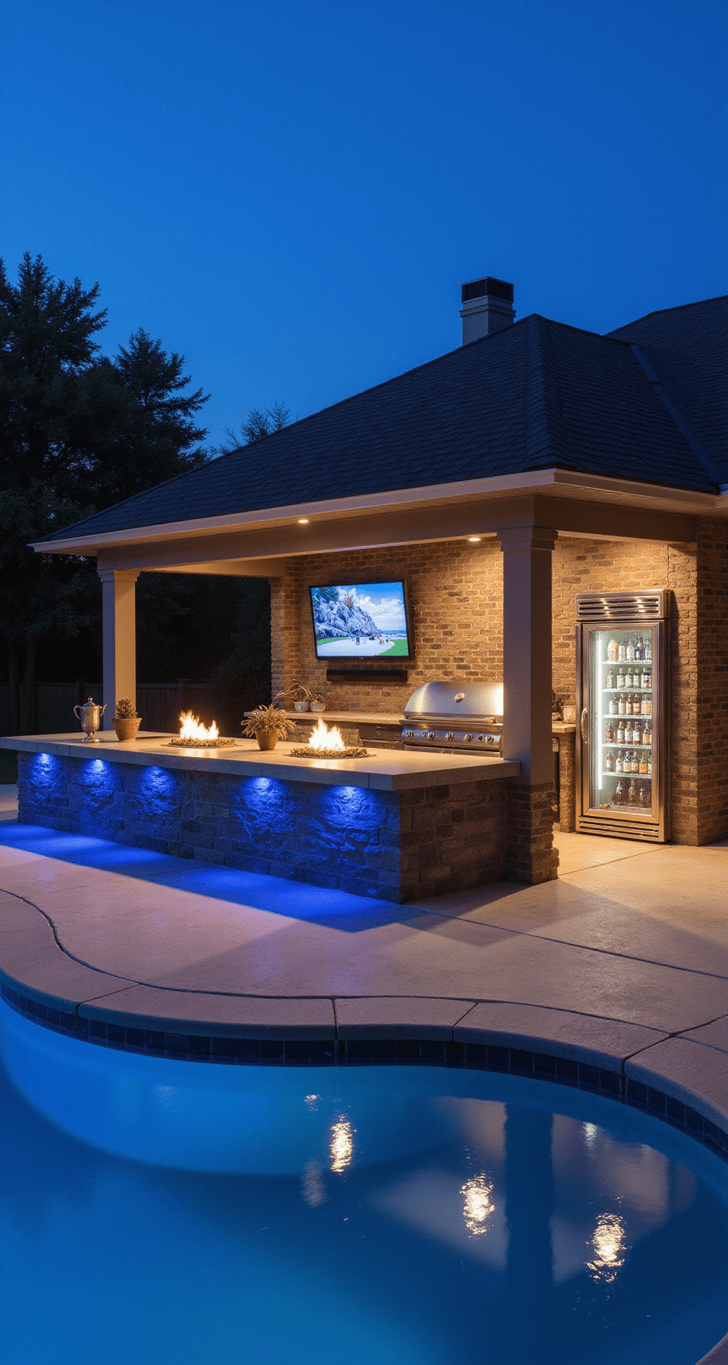 Wide-angle twilight view of a luxurious outdoor kitchen with a large concrete island, media wall with mounted TV, illuminated refrigeration, and fire features, showcasing a navy and brushed steel color scheme, reflected in a nearby pool.