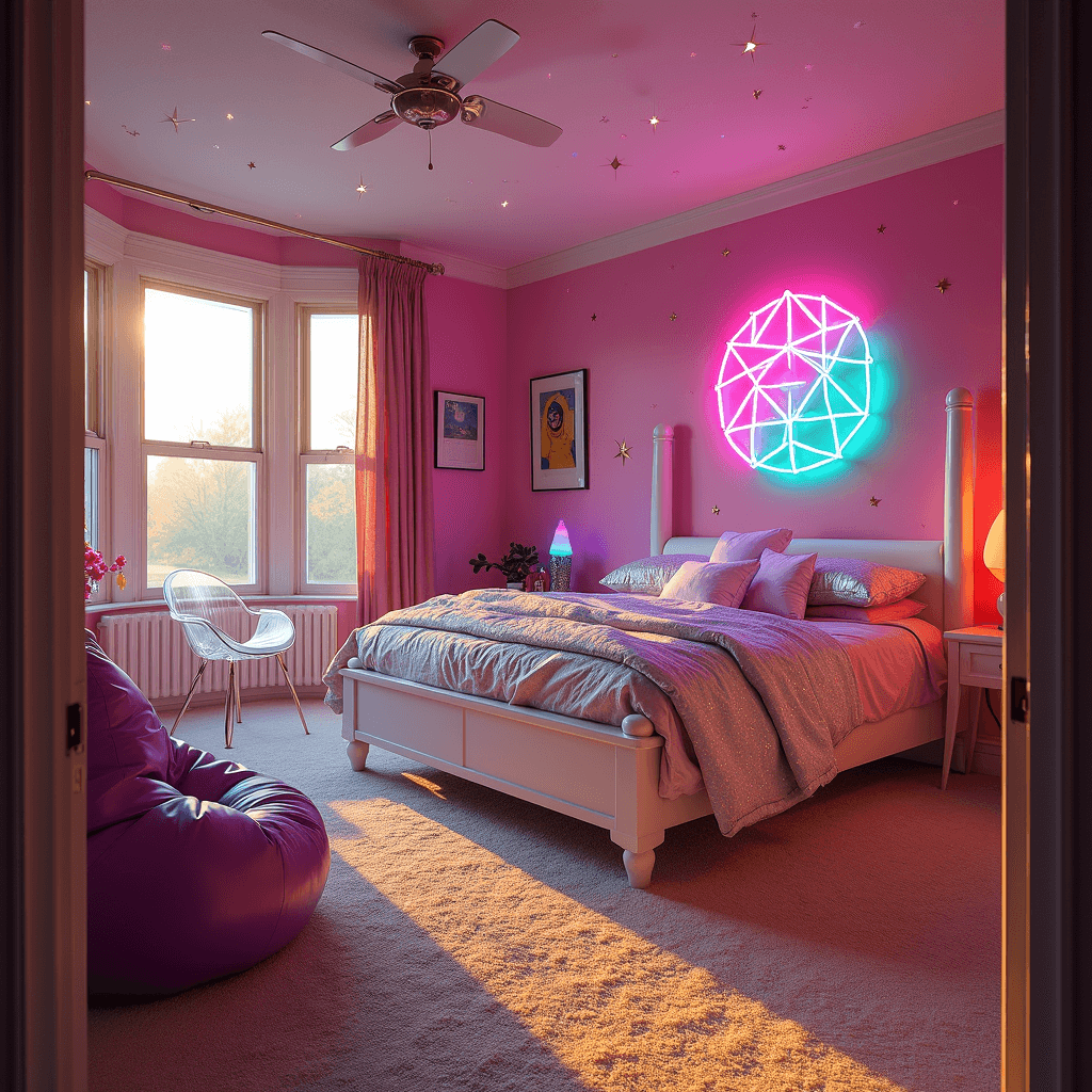 A spacious 12x14ft bedroom with golden afternoon light, featuring a clear inflatable chair and a purple bean bag, bold 90s geometric neon wall art, a white four-poster bed with holographic throws, a lava lamp, and glow-in-the-dark stars on the ceiling.