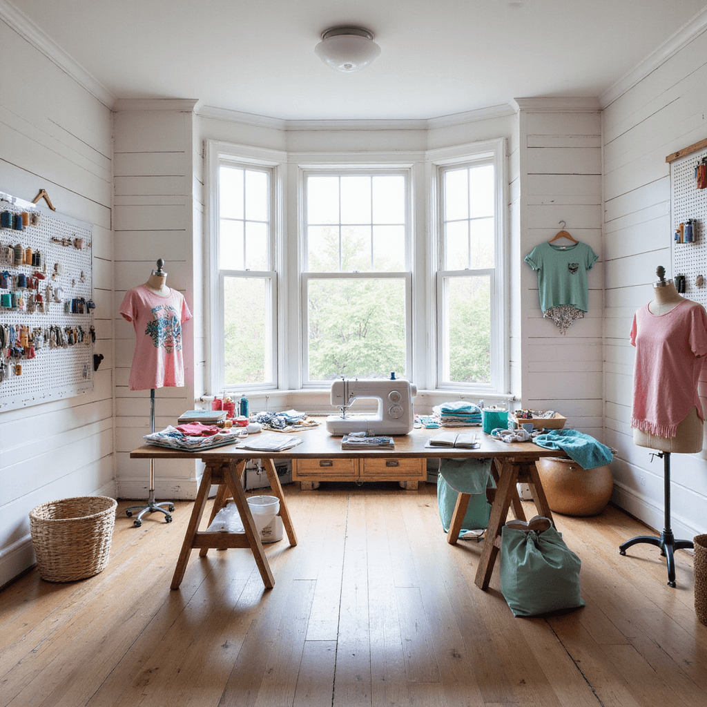 A bright craft room with white shiplap walls and large bay windows, filled with morning light. The central workstation displays t-shirts, fabric paints, and embellishments, with a sewing machine and colorful thread spools nearby. Organized pegboards hold crafting tools, while a dress form showcases a fringed t-shirt. Soft pastel accents in blush and mint green enhance the airy feel of the space.