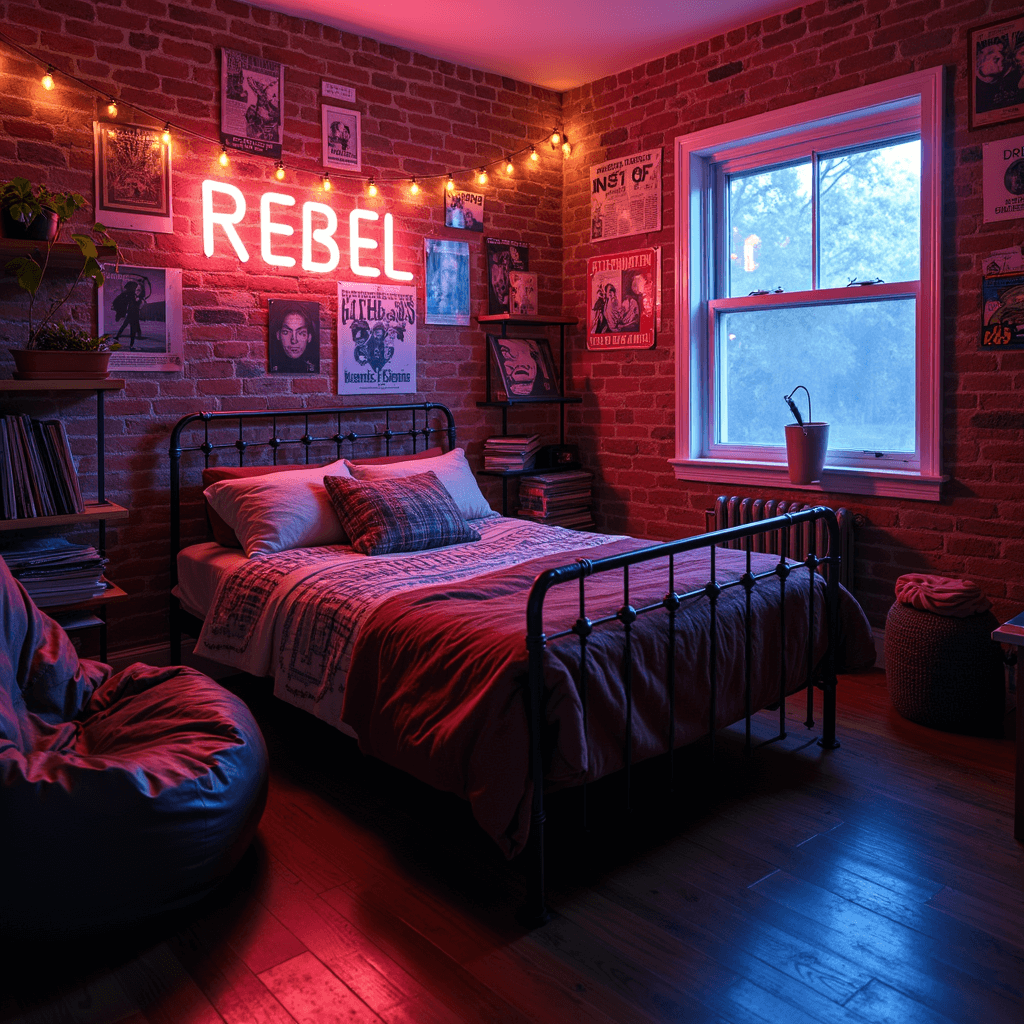 Low-angle shot of a dimly lit 90s teen bedroom featuring an exposed brick wall adorned with vintage band posters, a metal bed frame layered with flannel throws, and a distressed leather bean bag, illuminated by purple-blue string lights and a neon 'REBEL' sign, with a record collection on floating shelves.