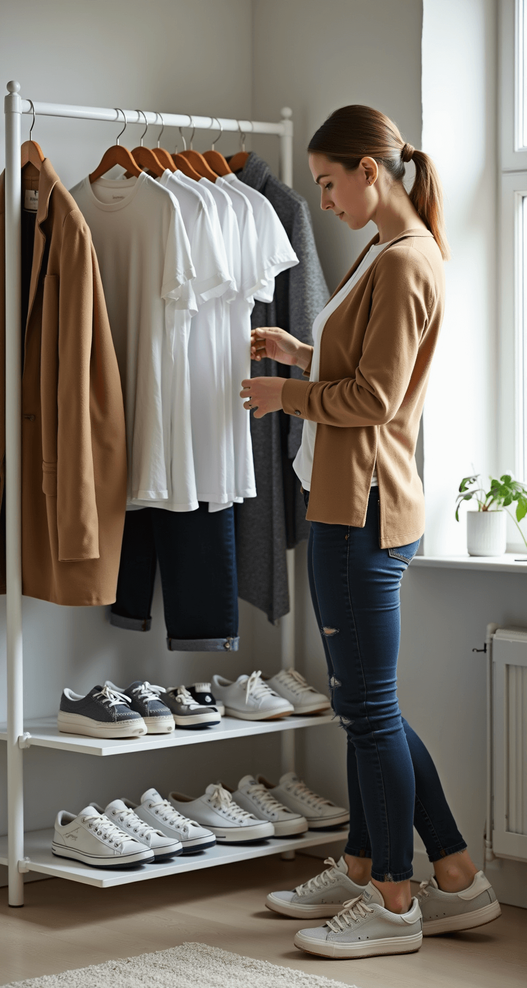 A modern home office corner with soft afternoon light, featuring a stylish woman organizing her capsule wardrobe on a minimal white rack, displaying white tees, a camel wool blazer, dark wash jeans, and neutral cardigans, with premium sneakers on the bottom shelf, captured with clean lines and a shallow depth of field.