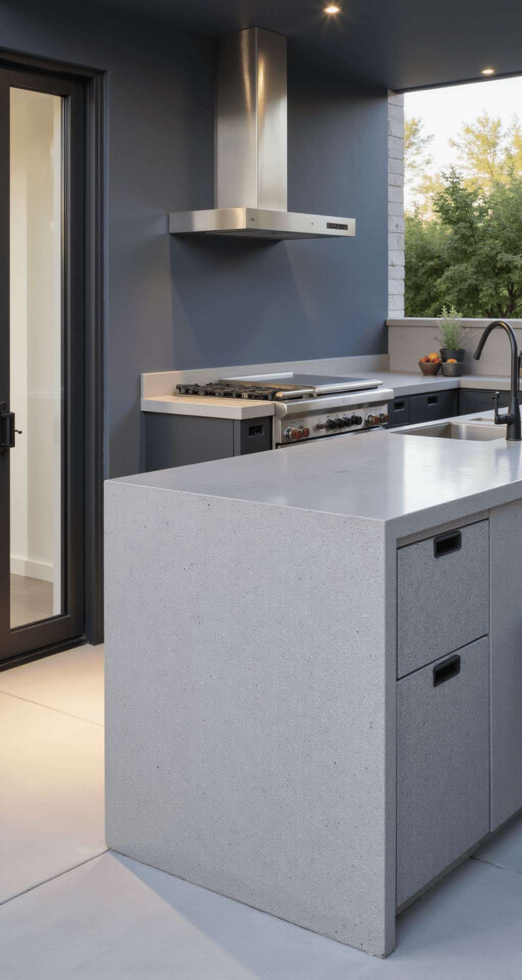 Detail shot of an upscale outdoor kitchen featuring marine-grade stainless steel, textured concrete, and diamond stone surfaces, highlighted by morning light, with professional-grade fixtures, a minimalist grey and metallic color palette accented by navy, and a subtly integrated ventilation system, all captured with a dramatic depth of field.