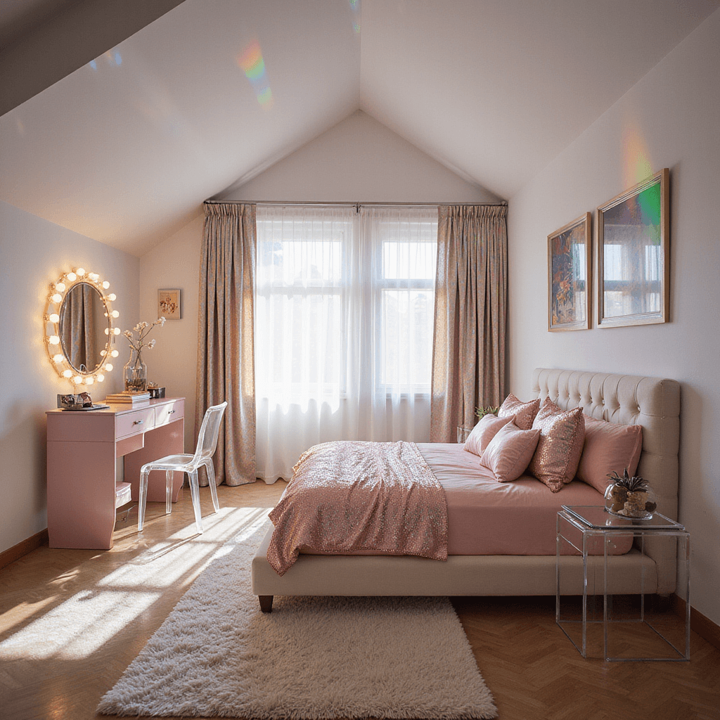 Overhead view of a glamorous 90s-style bedroom with a vaulted ceiling, featuring iridescent curtains, a Hollywood vanity, metallic pink bedding, and Lucite furniture, all illuminated by morning light creating rainbow prisms.
