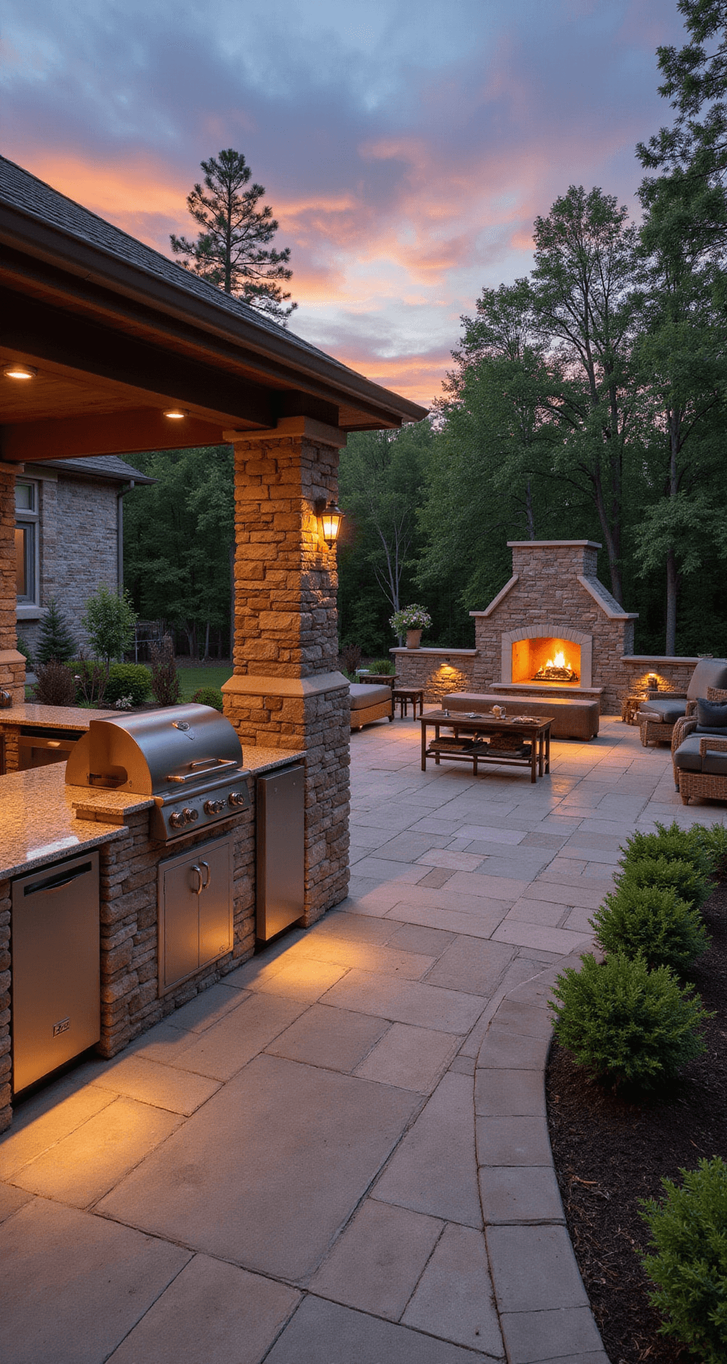 Sunset view of a luxurious outdoor kitchen featuring a built-in pizza oven, concrete pavers, multiple seating areas, and glowing landscape lighting, designed for seamless flow between cooking and lounging zones.