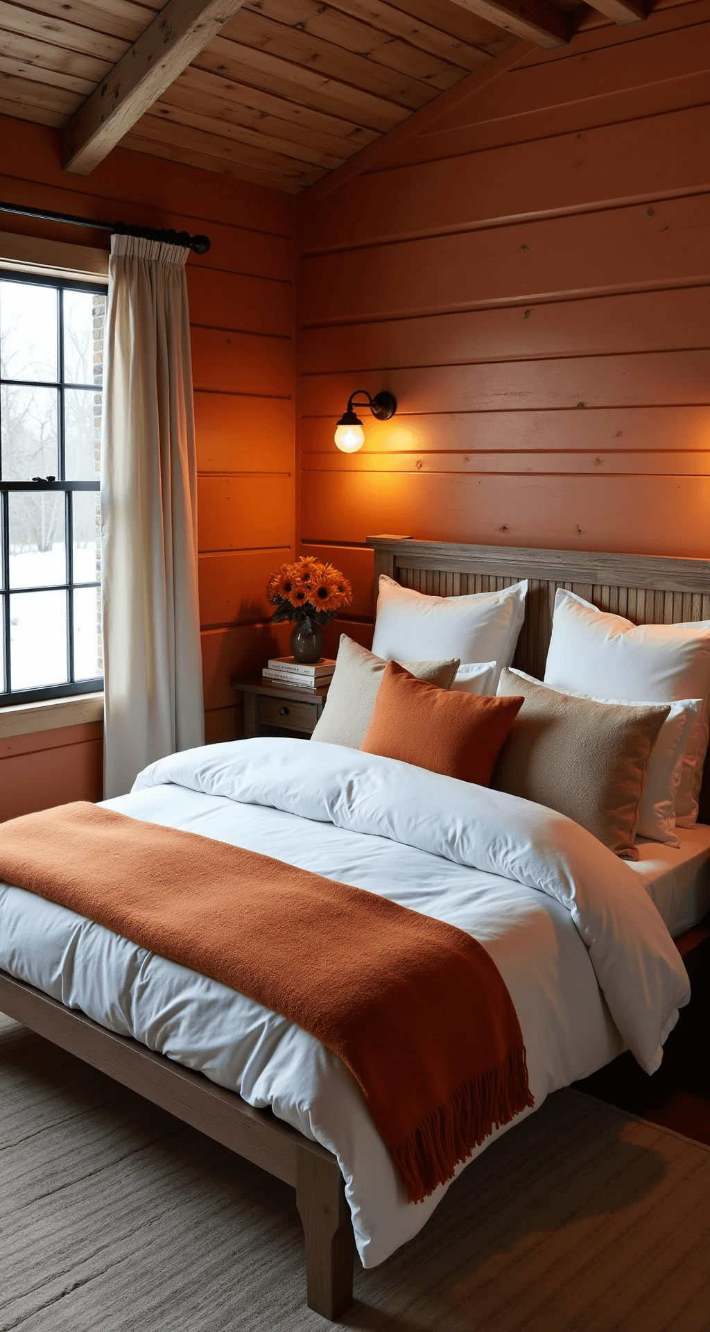 Rustic farmhouse bedroom with burnt orange shiplap accent wall, distressed wood bed frame, white cotton bedding, and orange wool throws, illuminated by vintage copper pendant lights during blue hour.