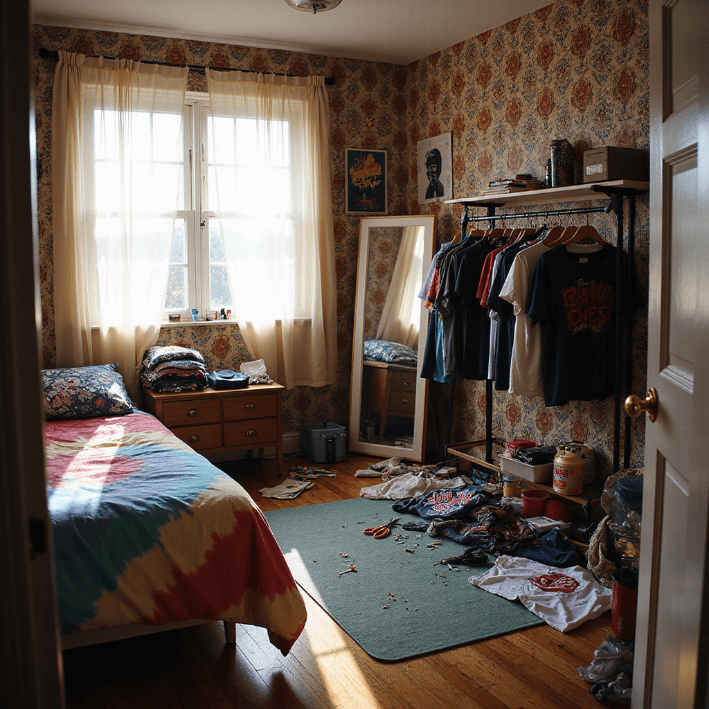 An eclectic teen bedroom filled with creative chaos, featuring a twin bed with a DIY tie-dyed duvet, a clothing rack of customized t-shirts, a messy work area with crafting supplies, bold graphic wallpaper on one accent wall, pop art posters, and soft afternoon light filtering through sheer curtains.