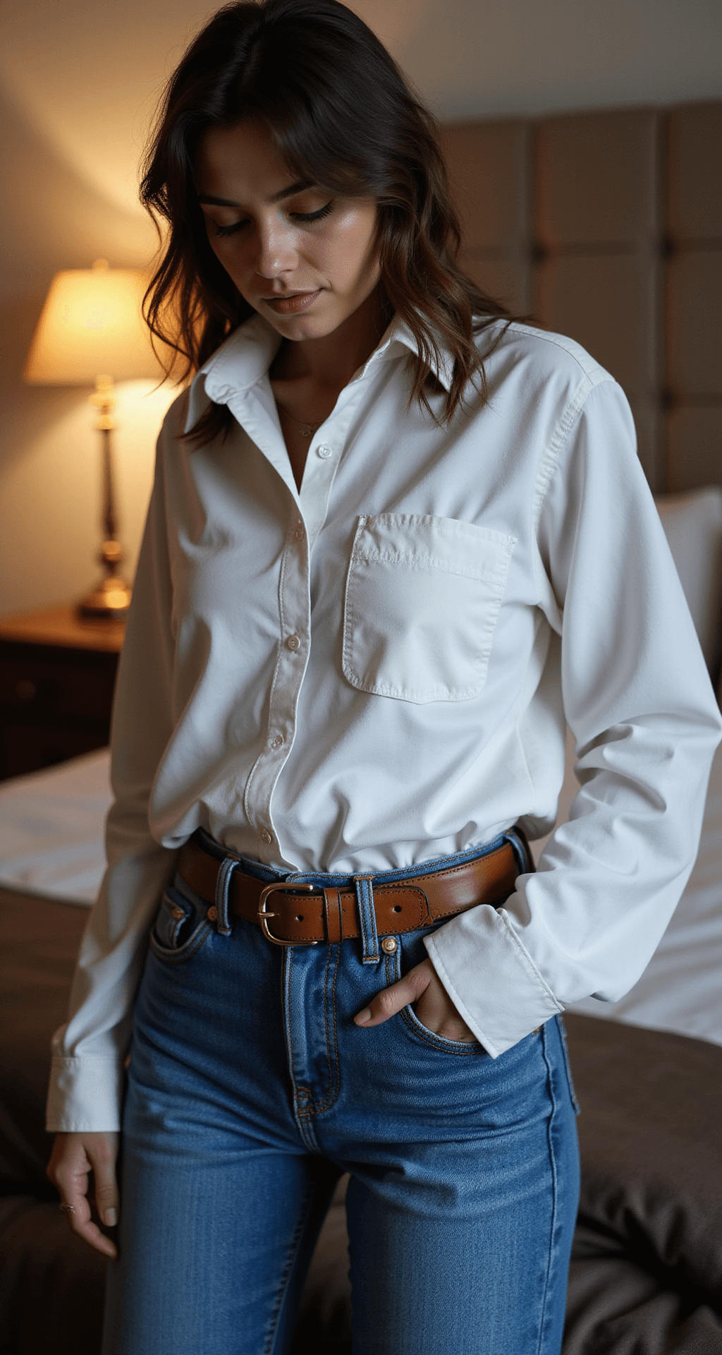 A cozy bedroom during blue hour features a woman showcasing the 'front-tuck' technique with an oversized white button-down shirt tucked into high-waisted straight-leg jeans, complemented by a vintage leather belt. Warm light from a bedside lamp enhances the intimate atmosphere, captured from a slightly elevated angle to highlight the outfit details.
