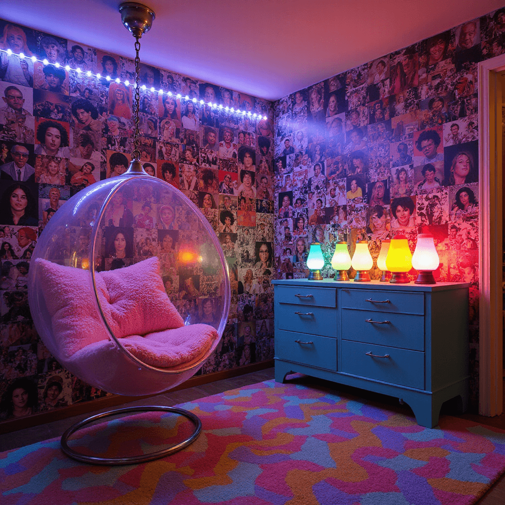 A cozy 90s pop culture haven corner featuring a vibrant collage wall of iconic celebrities, illuminated by color-changing LED strips. A suspended transparent bubble chair adorned with fuzzy pink cushions hangs from the ceiling. A teal metallic dresser topped with lava lamps adds dynamic lighting, while a bold geometric carpet anchors the space. The shot is taken from a low angle, emphasizing the wall height and creating a nostalgic atmosphere with mixed lighting sources.