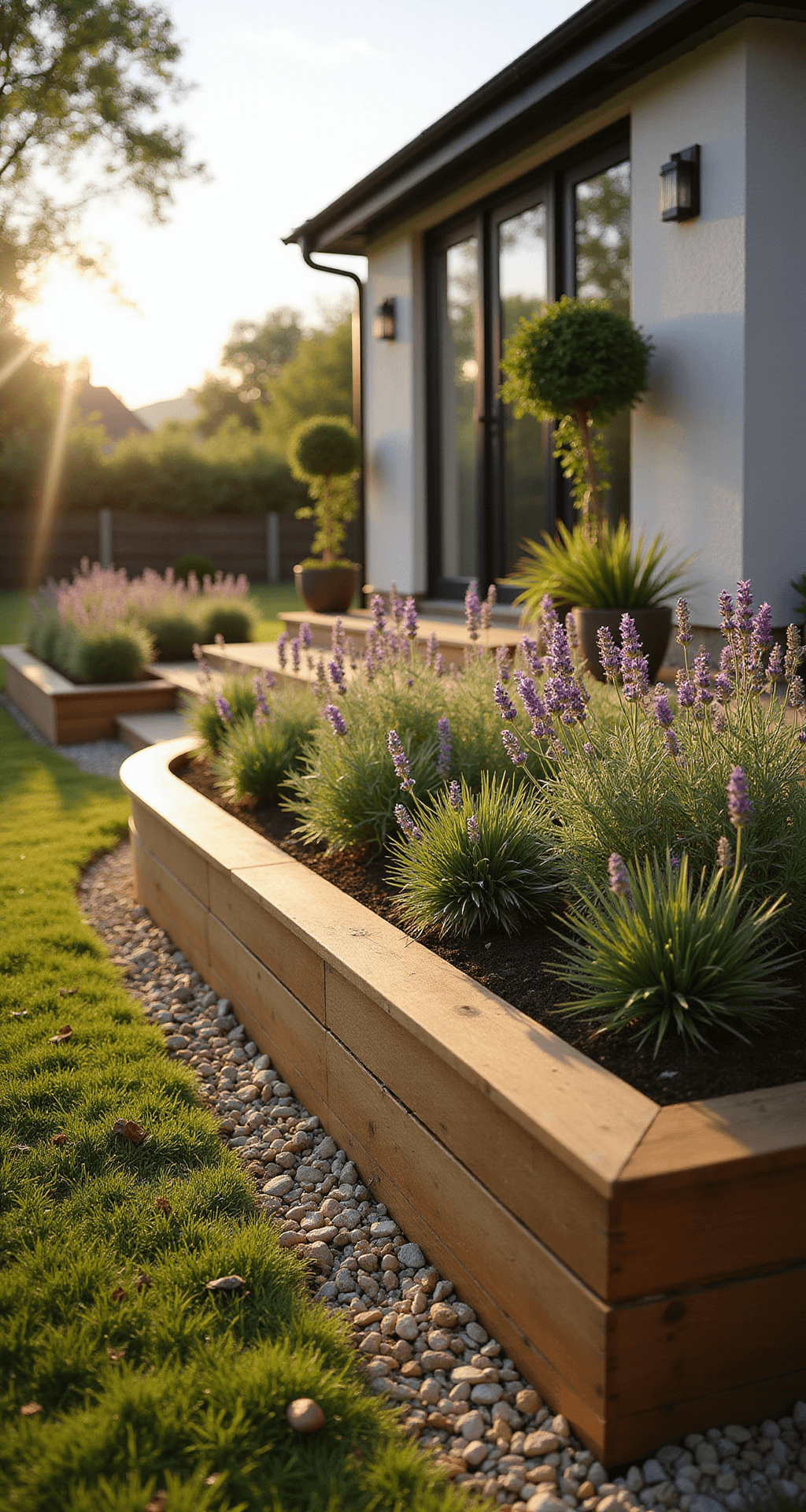 Wide-angle view of a 30ft curved oak sleeper garden border at golden hour, defining a raised flower bed against a modern house facade. The gentle S-curve of rich honey-toned wood rises 2ft high, with lavender and ornamental grasses spilling over the edges, illuminated by soft directional light that highlights the wood grain texture and casts long shadows.
